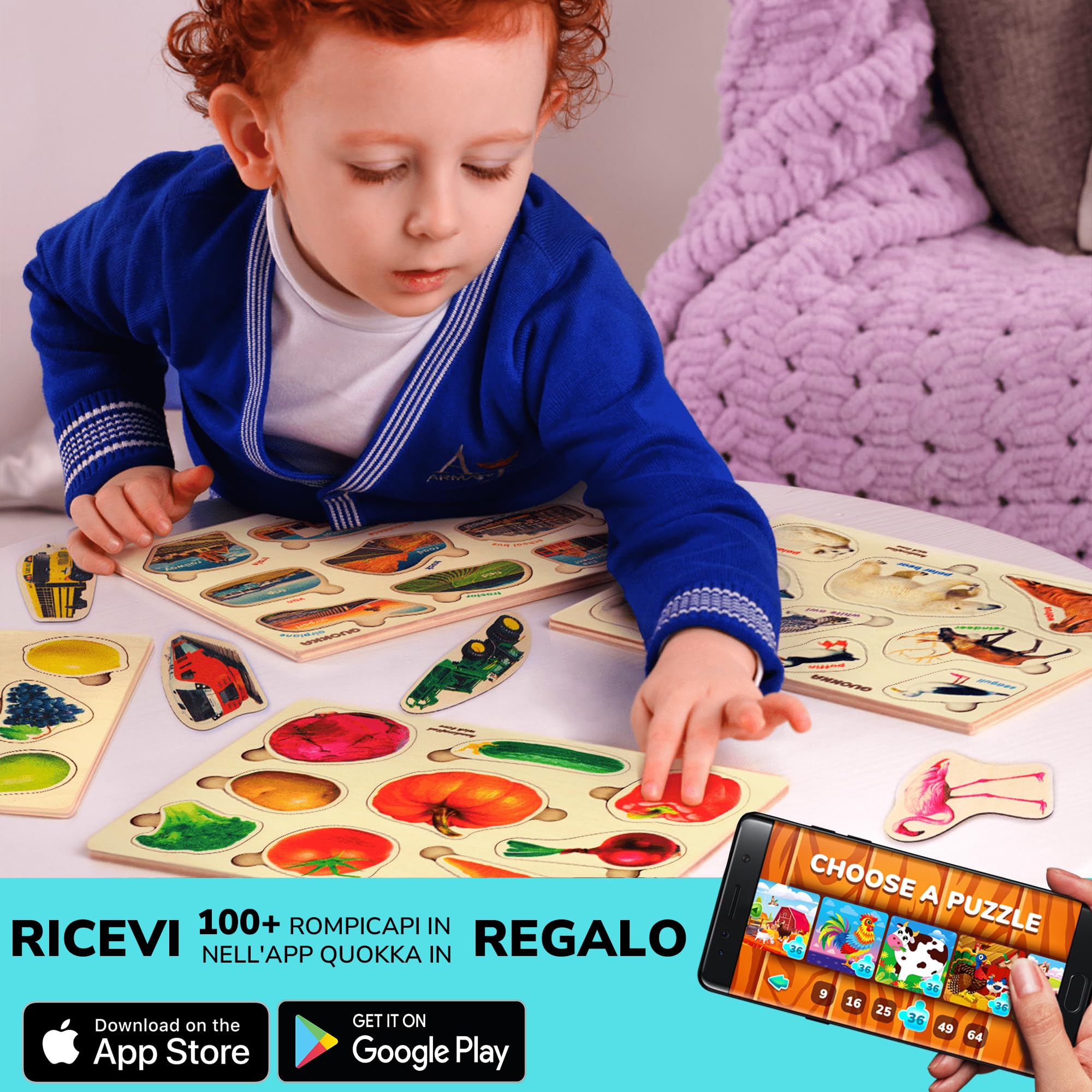 QUOKKA Puzzle Legno Bambini 1 2 Anni - 3 Giochi Montessori per Bambini 3 4 5 Anni - Puzzle in Legno con Frutta Verdura e Trasporto - Giocattolo Educativo Regalo