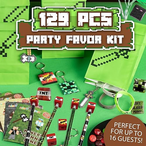 Miniatura 3 de DELUXE Pixel Miner - 129 piezas - Suministros de fiesta para niños y niñas - Bolsas de recuerdo de fiesta - Globos de fiesta, pulseras para niños +