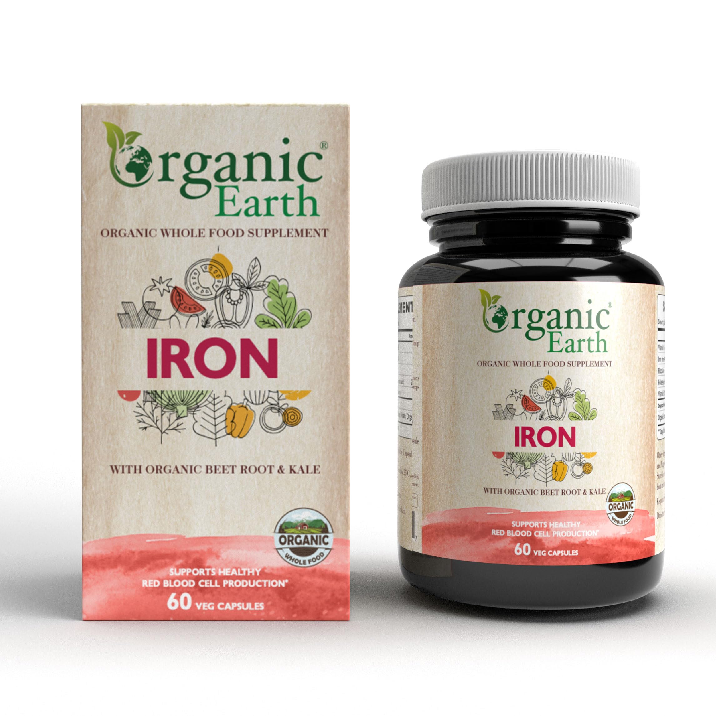 Organic Earth Plant Based Iron I Combats Fatigue & Improves Energy Levels I Improves Haemoglobin Levels and Manages Anemia I Vegan, Gluten Free, Clean Nutrition I 60 Capsules