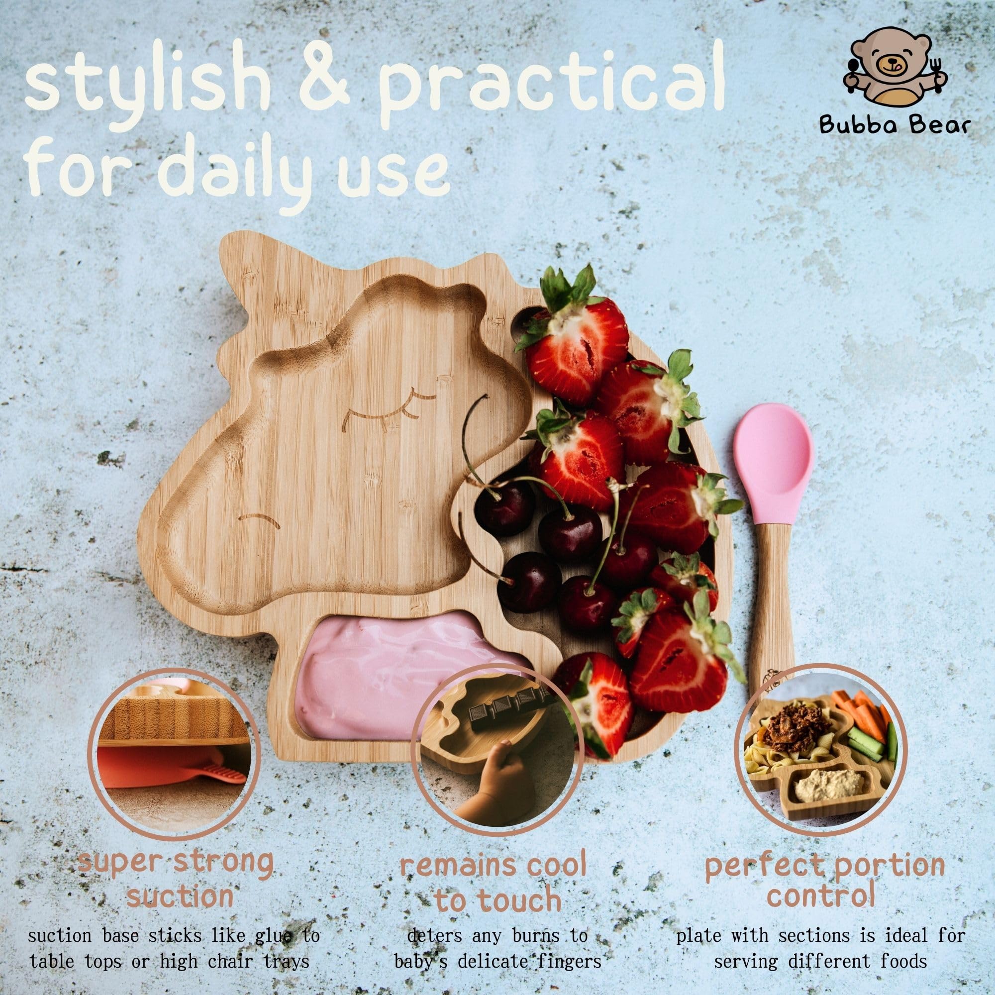 Bubba Bear Set di piatti con ventosa, realizzati in bambù naturale, piastre con ventose per lo svezzamento dei neonati e l'alimentazione dei bambini (unicorno)