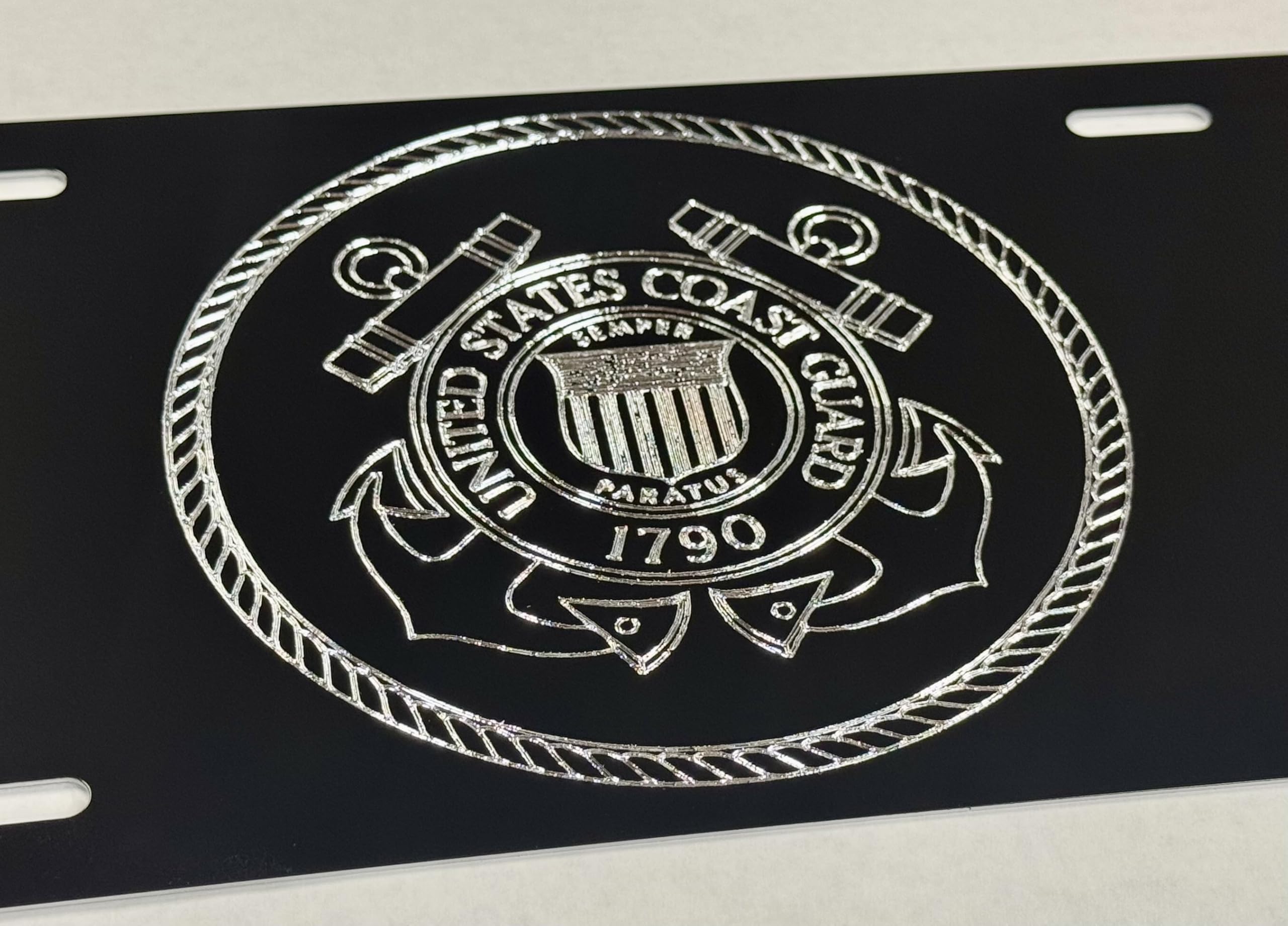 Engraved US Coast Guard Car Tag Diamond Etched Silver on Black Vanity License Plate