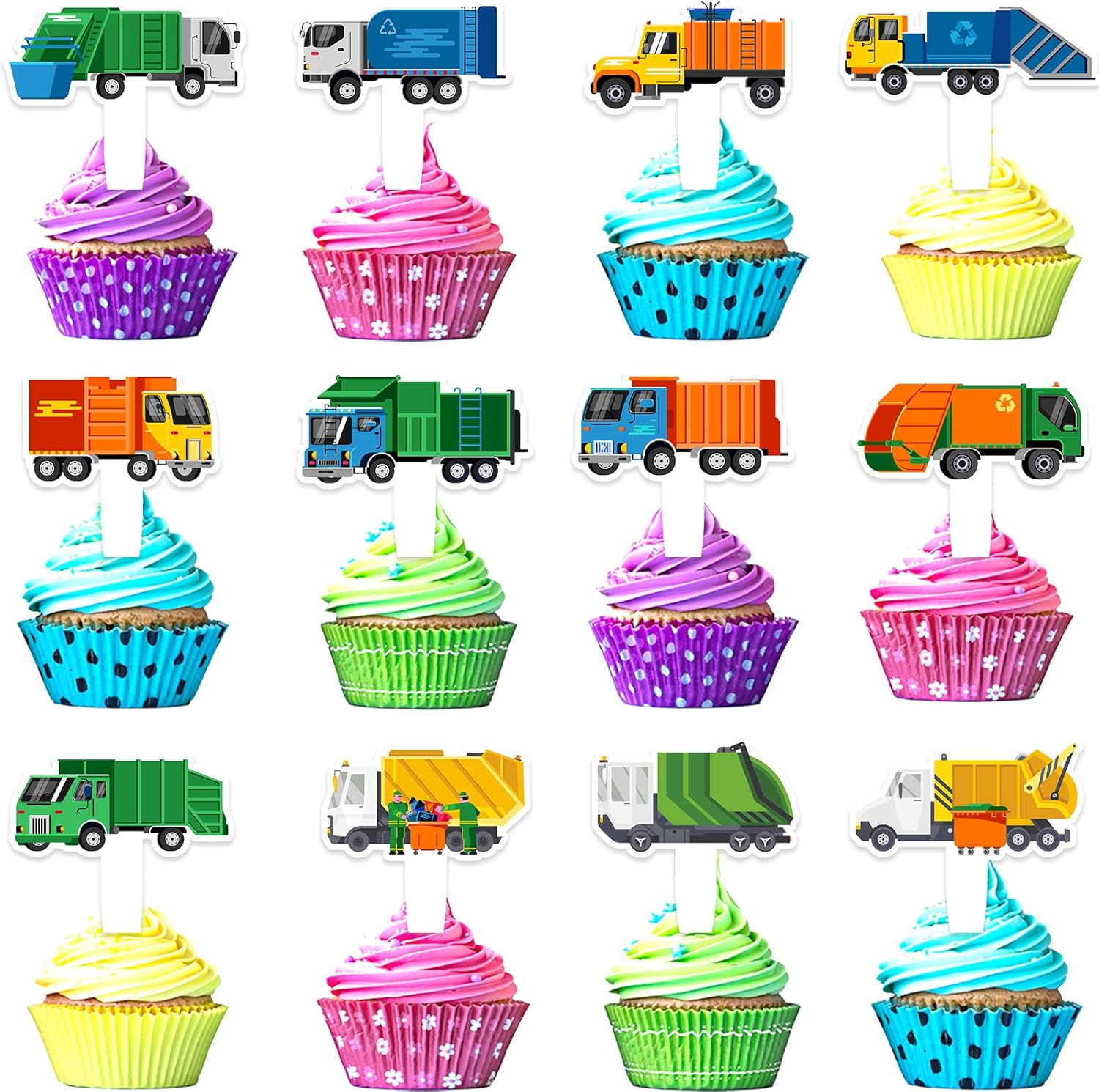 24 Pcs Garbage Truck Cupcake Toppers Set Sanitation Theme