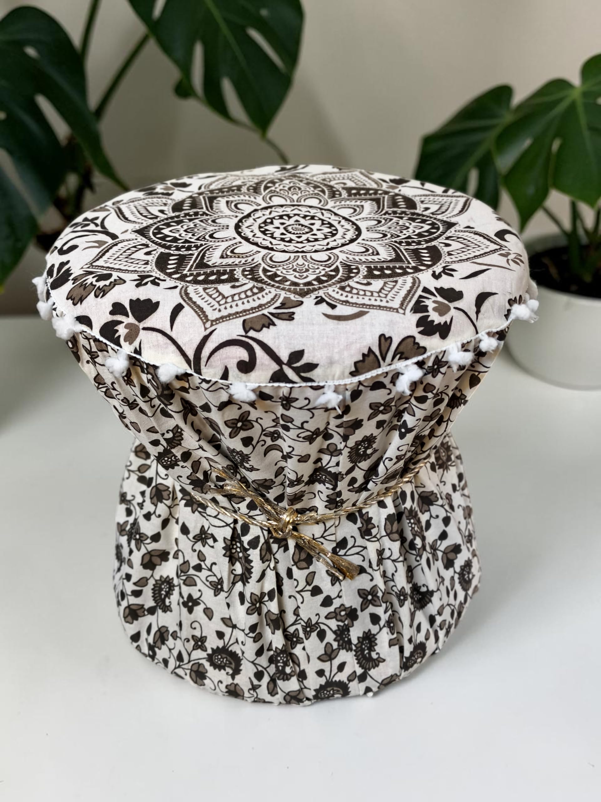Gray-Black Boho Pouffe Ottoman Muda Cover Round Mandala Print Cotton Footstool Set of 1 Pieces Mudda Cover ONLY-image-1