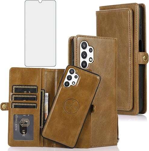 Asuwish Funda de teléfono para Samsung Galaxy A32 5G 2021 de 6.5 pulgadas, funda desmontable con protector de pantalla y tarjetero abatible, celular