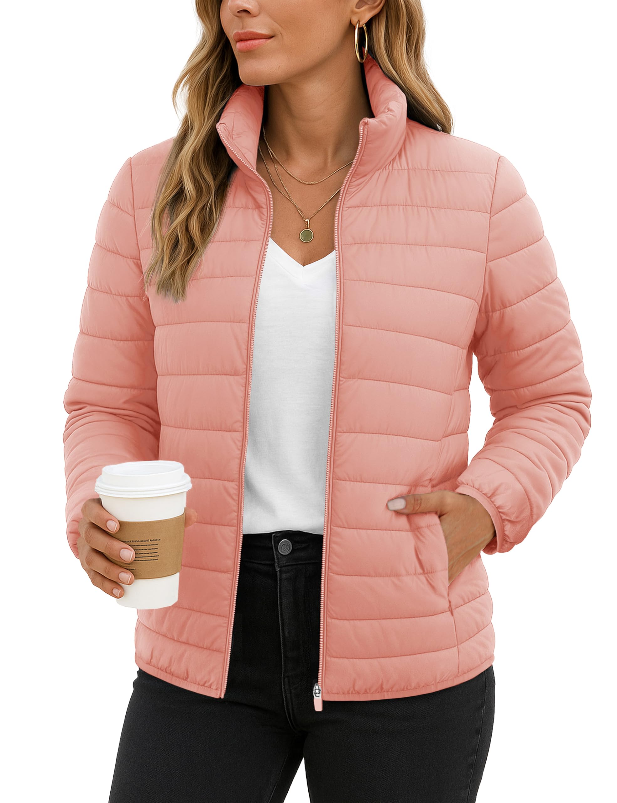 TACVASEN Women's Puffer Jackets Quilted Packable Puffy Coats Lightweight Winter Warm Zip Up Down Jacket Stand Collar