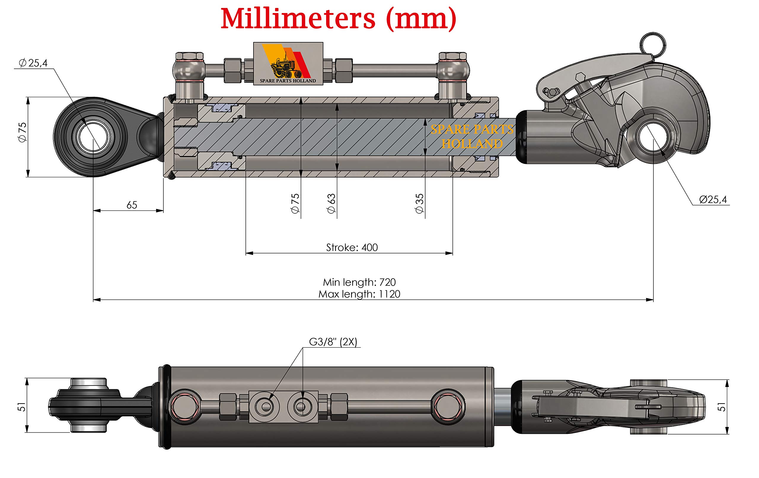 Hydraulischer Oberlenker Kat. 2-2 mit Fanghaken inkl. Sperrblock min. 530→ max. 740 mit 2 x Schläuchen, Hub. 210