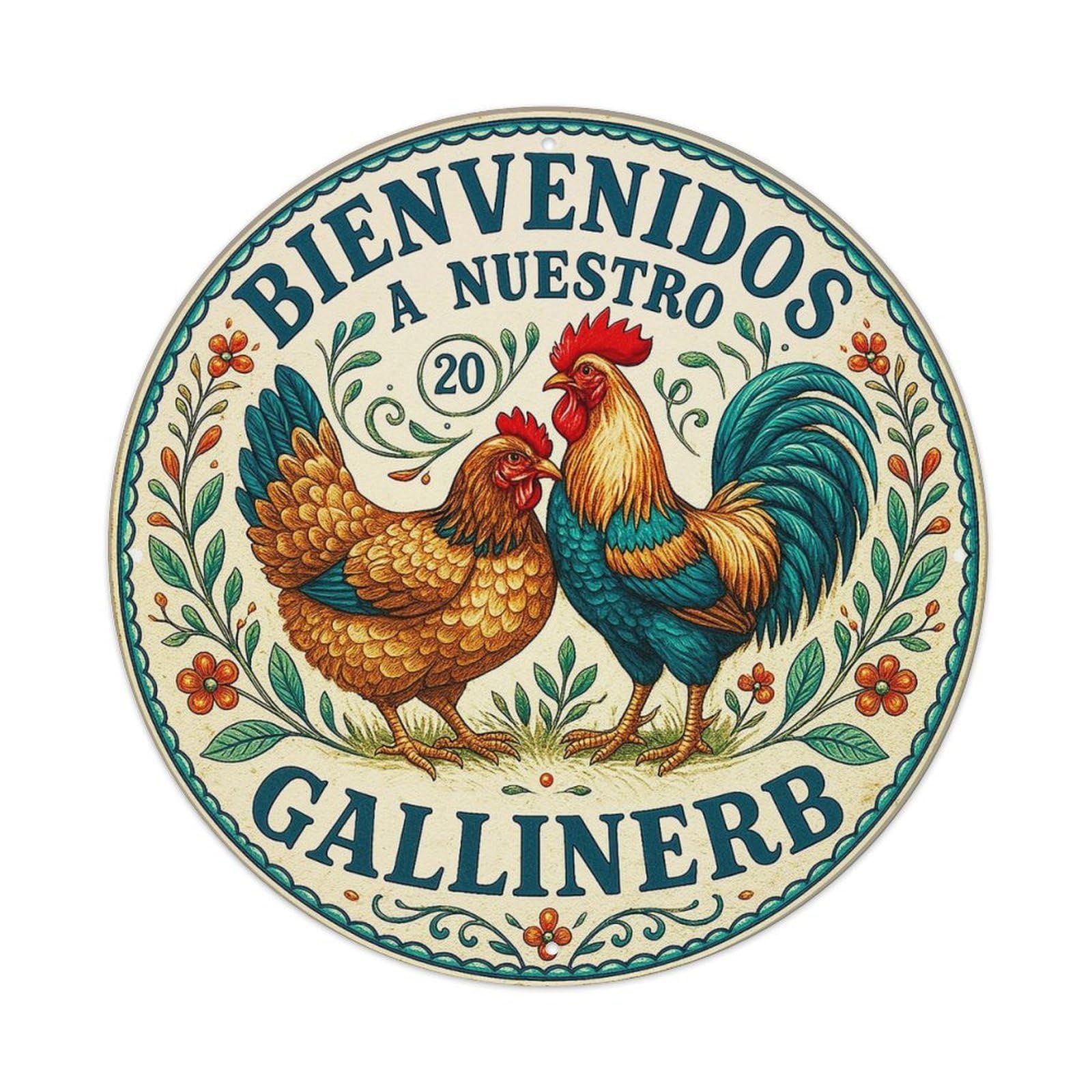 Chicken Rooster Floral Border Welcome Round Tin Sign Vintage Metal Sign Home Bar Garden Indoor & Outdoor Wall Decor Retro Metal Poster 8x8 Inch