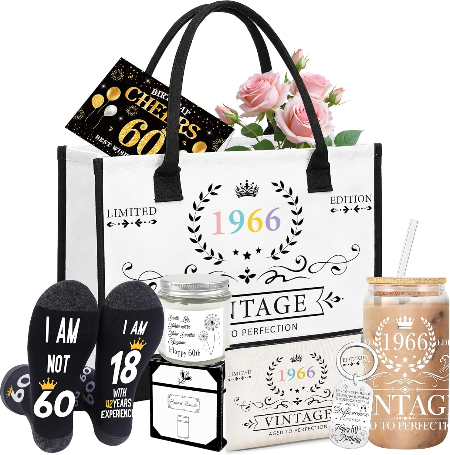 30th 40th 50th 60th 70th 80th Birthday Gifts for Women with Canvas Tote Bag Makeup Bag Sock Glass Cup Candle Keychain