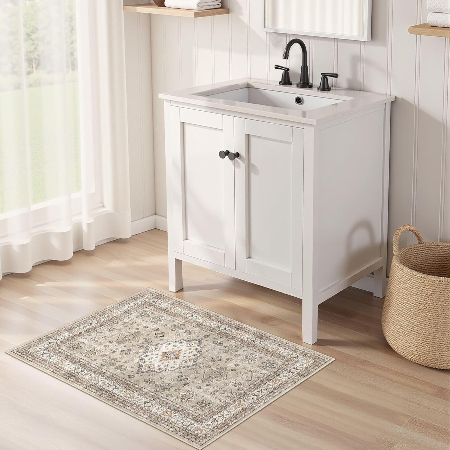 Vintage Living Room Area Rug 2x3 - Large Soft Washable Oriental Traditional Distressed Farmhouse Rugs for Bedroom - Indoor Floor Accent Carpet for Home Office House Decor - Beige