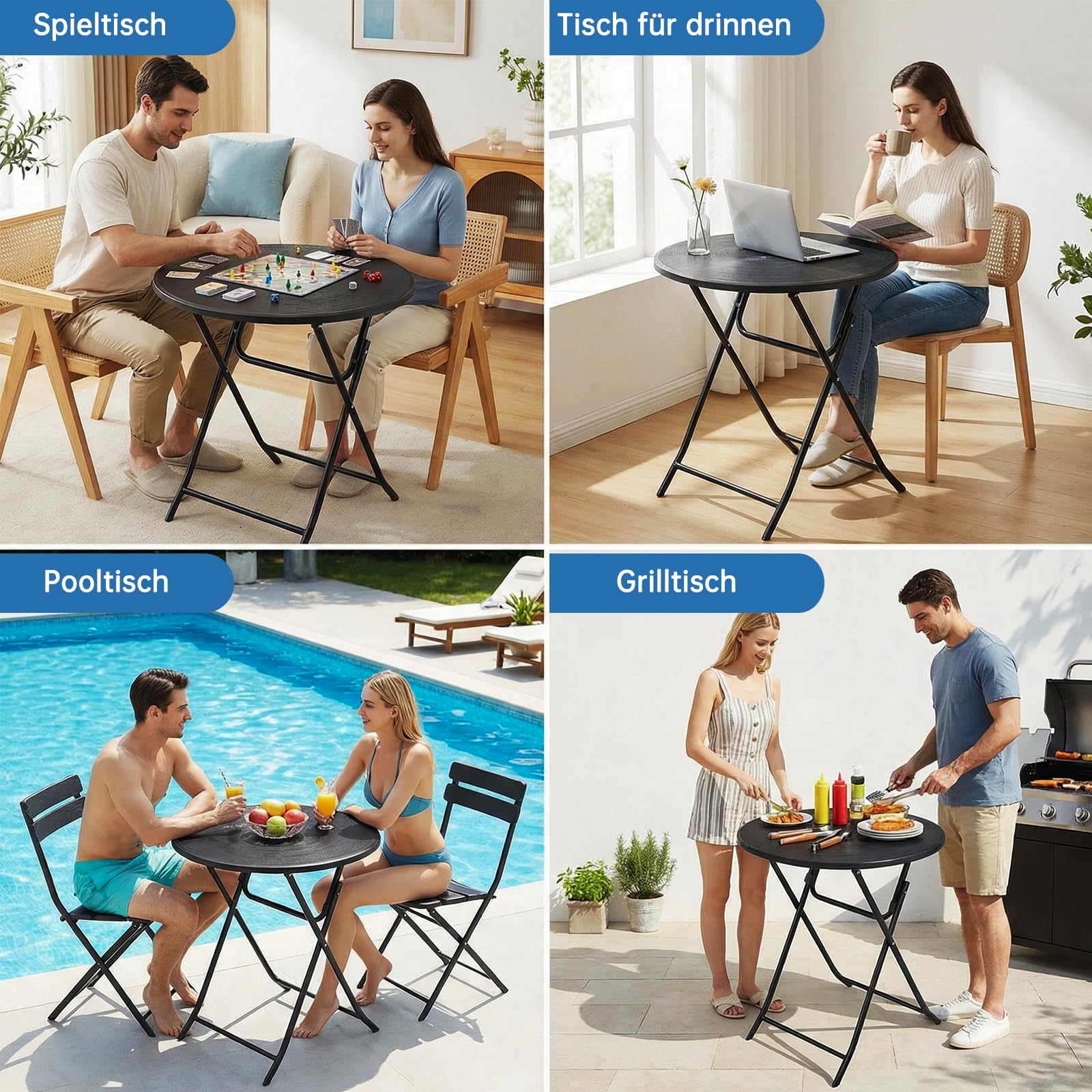 LIFERUN Gartentisch Rund Holz-Optik, Klapptisch, Beistelltisch HxD: 72x60 cm, Balkontisch mit 4PCS Tischbeine, Campingtisch Wetterfest, Pflegeleicht, Hohe Stabilität, für Balkon, Garten & Terrasse