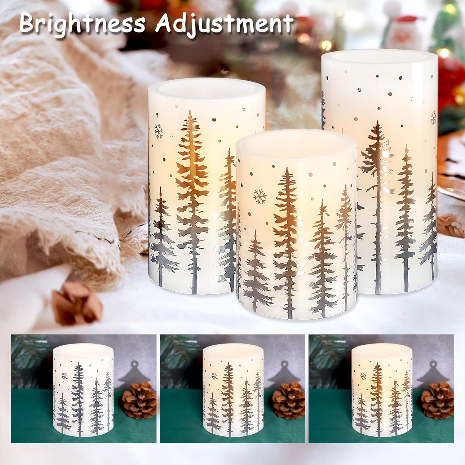 Christmas Flameless Candles, Battery Operated, Hot Stamping Silver Xmas Tree LED Flickering Candles with Remote and Timer, Holiday Decorative Pillar for Xmas, Party, Bedroom