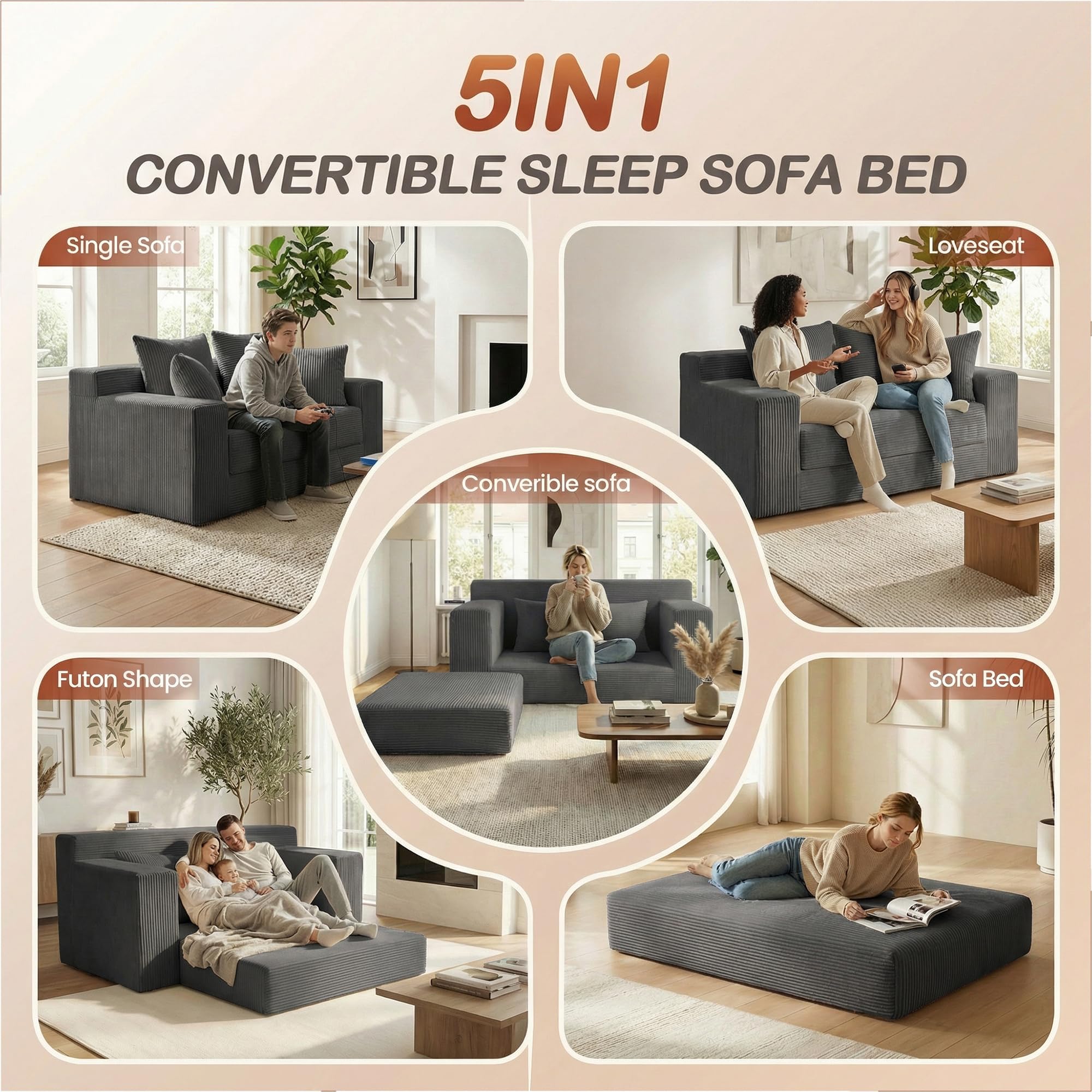 56" Boneless Couch, 5-in-1 Boneless Loveseat Sleeper Sofa Bed, Mini Convertible Pull Out Corduroy Futon Couch with Side Pockets & Handle, Folding Floor Sofa Bed with 4 Pillows for Small Space