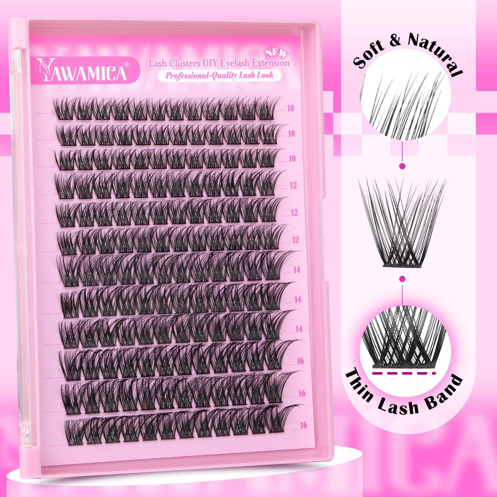 Yawamica Wispy Wimpern-Cluster, C-lockige Einzelwimpern, DIY-Cluster, 10–16 mm, natürliche Wimpernbügel, 144 Stück, weiche Wimpern-Cluster mit dünnem Wimpernband, DIY-Wimpern zur Selbstanwendung
