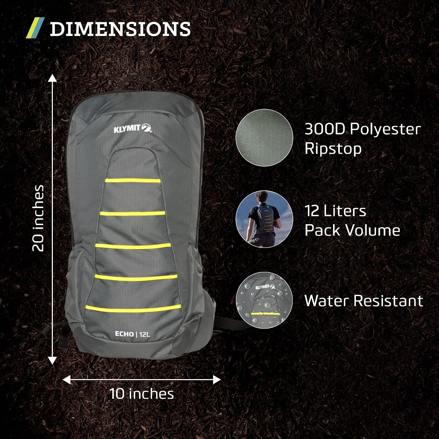 Klymit Echo 12L Hydration Pack, Grey/Green, Regular, 12ECUC12B