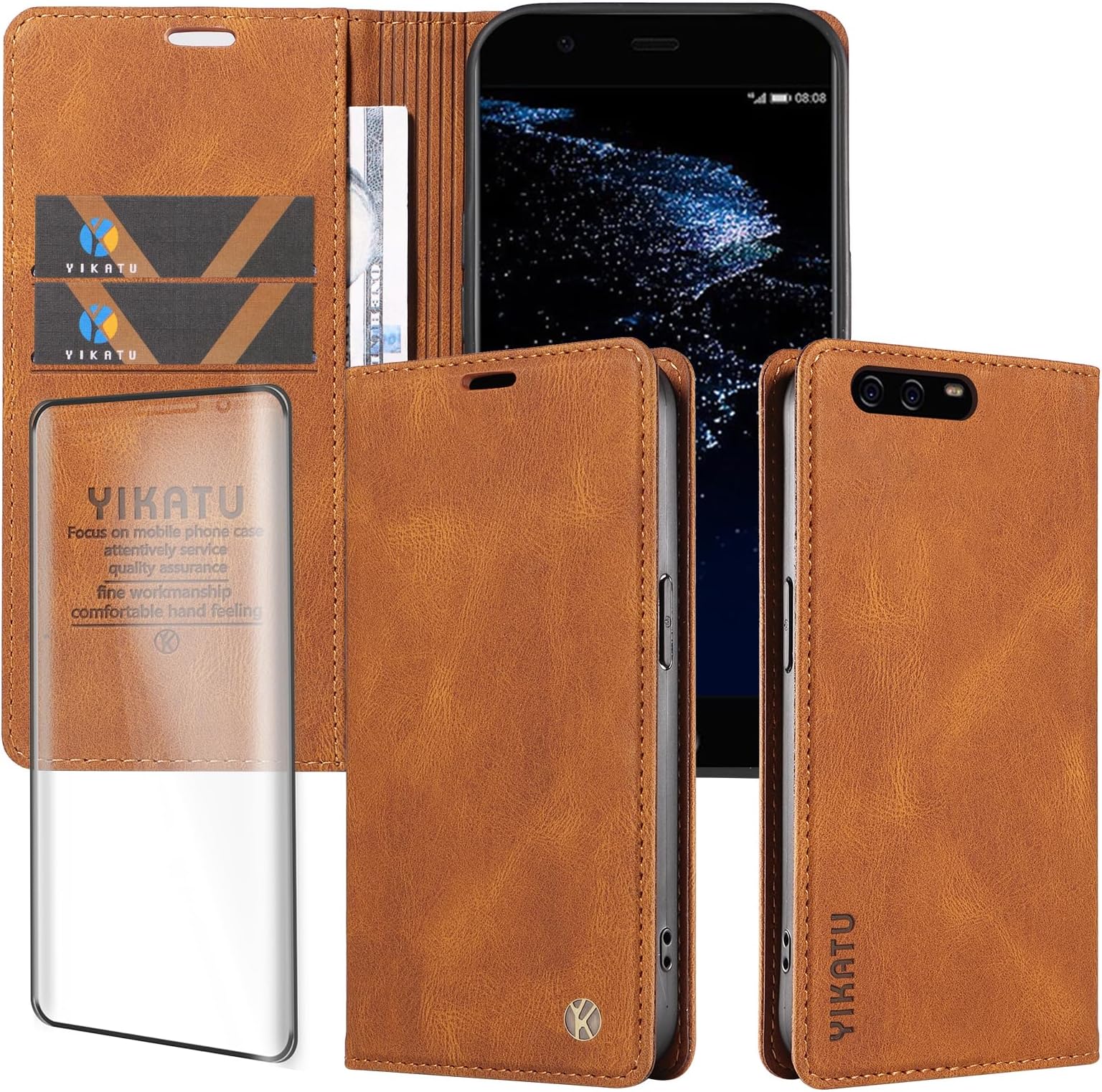 Zisoveky Case for Huawei P10 [with 1& Screen Protector][skin feel][2 Card Slot+1 Wallet] protective case for Huawei P10,Brown