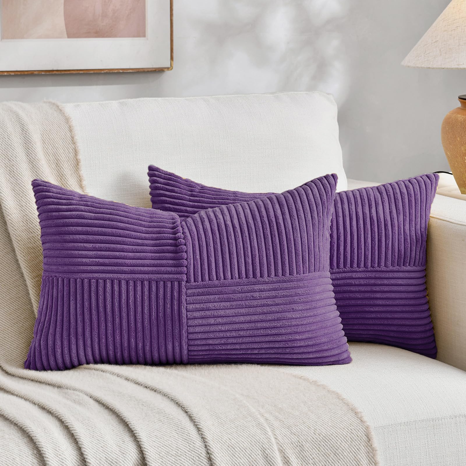 Fancy Homi Set of 2, Purple Patchwork Corduroy Decorative Soft Striped Modern Accent Cushion Case Farmhouse Boho Neutral Throw Pillow Covers for Chair Couch Bed Sofa Living Room 32x16 Inch — image 1