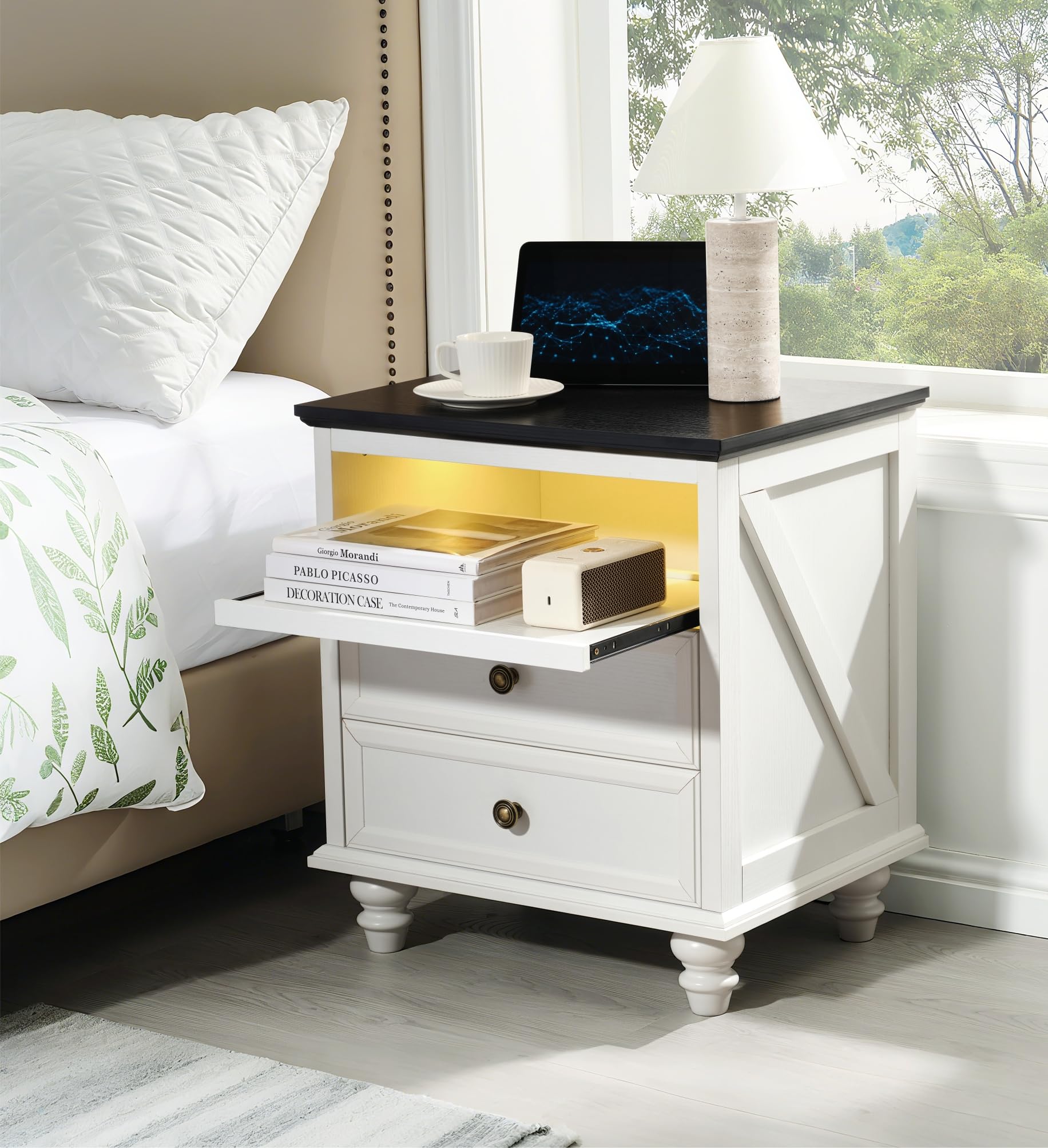 21" Farmhouse Nightstand with Charging Station,Bedside Tables with 2 Drawers Storage,Pull-Out Tray,3-Color LED Lighting,End Table,Bedside Cabinet,