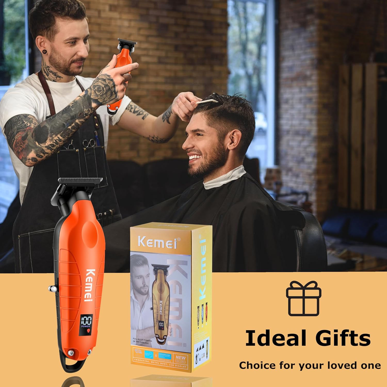 KEMEI 2293 Hair & Beard Trimmer for Men with LED Display, Zero Gapped Trimmers for Barbers, Cordless Hair Clippers with T Blade, Orange - Image 7