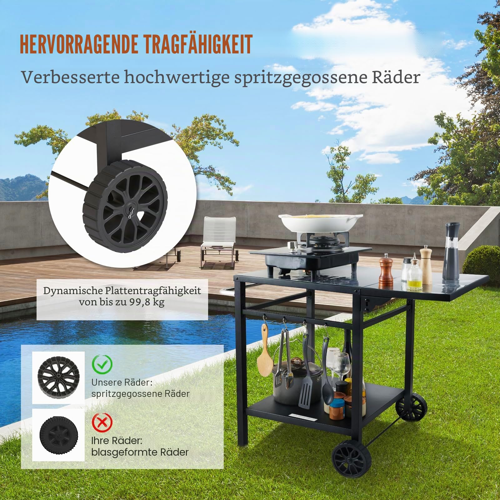 VEVOR Grillwagen Küchenwagen 97,2 x 64 x 75,5 cm Outdoor Servierwagen mit Doppelter Ablage, Beweglicher Grilltisch für die Zubereitung von Speisen, Multifunktionale Tischplatte aus Eisen Schwarz