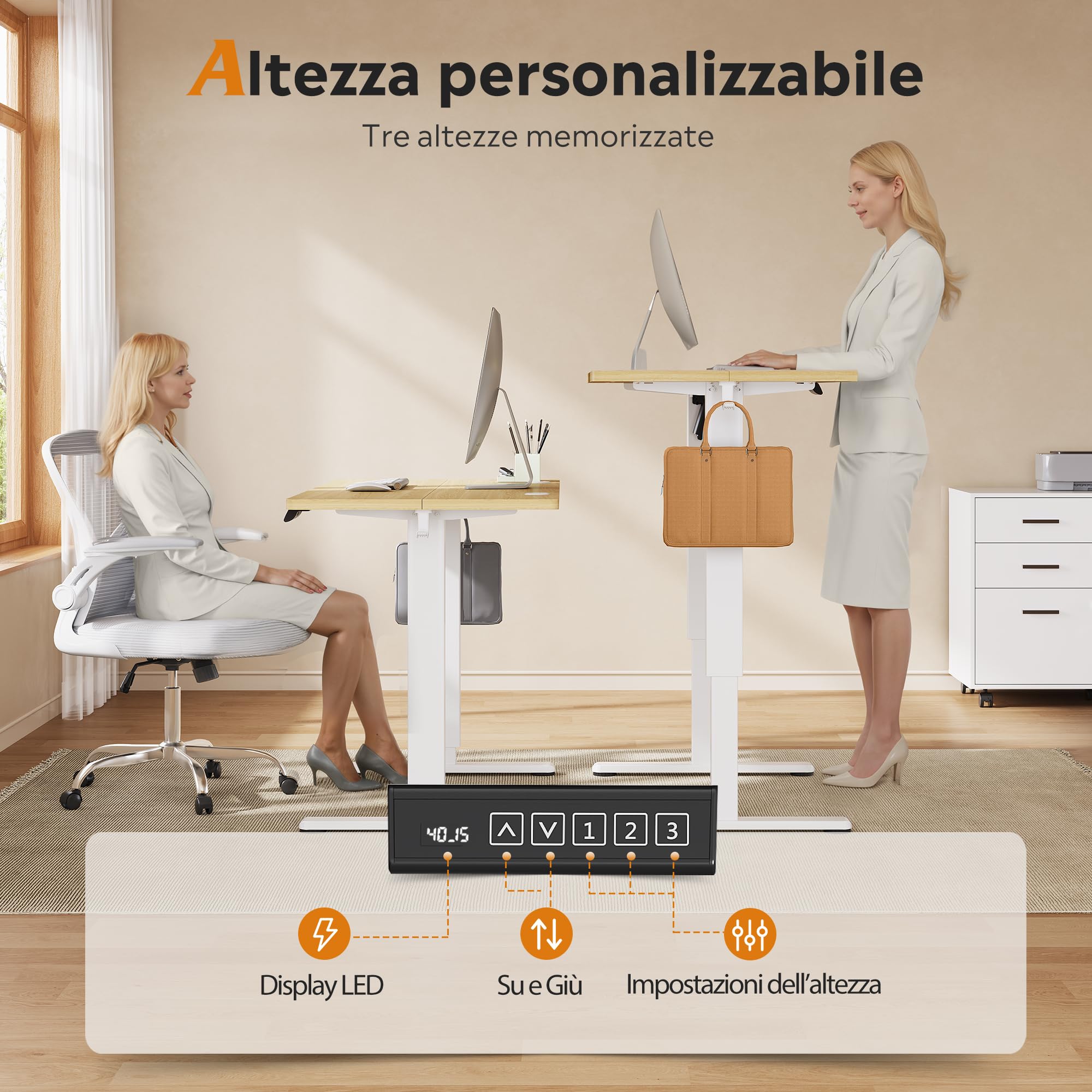DEVAISE Scrivania Regolabile in Altezza Elettrica 120x60 cm, Scrivania Ufficio Ergonomica con Piano a 2 Sezioni, Funzione Memoria e Sistema Anticollisione, Altezza 72-118 cm,Rovere