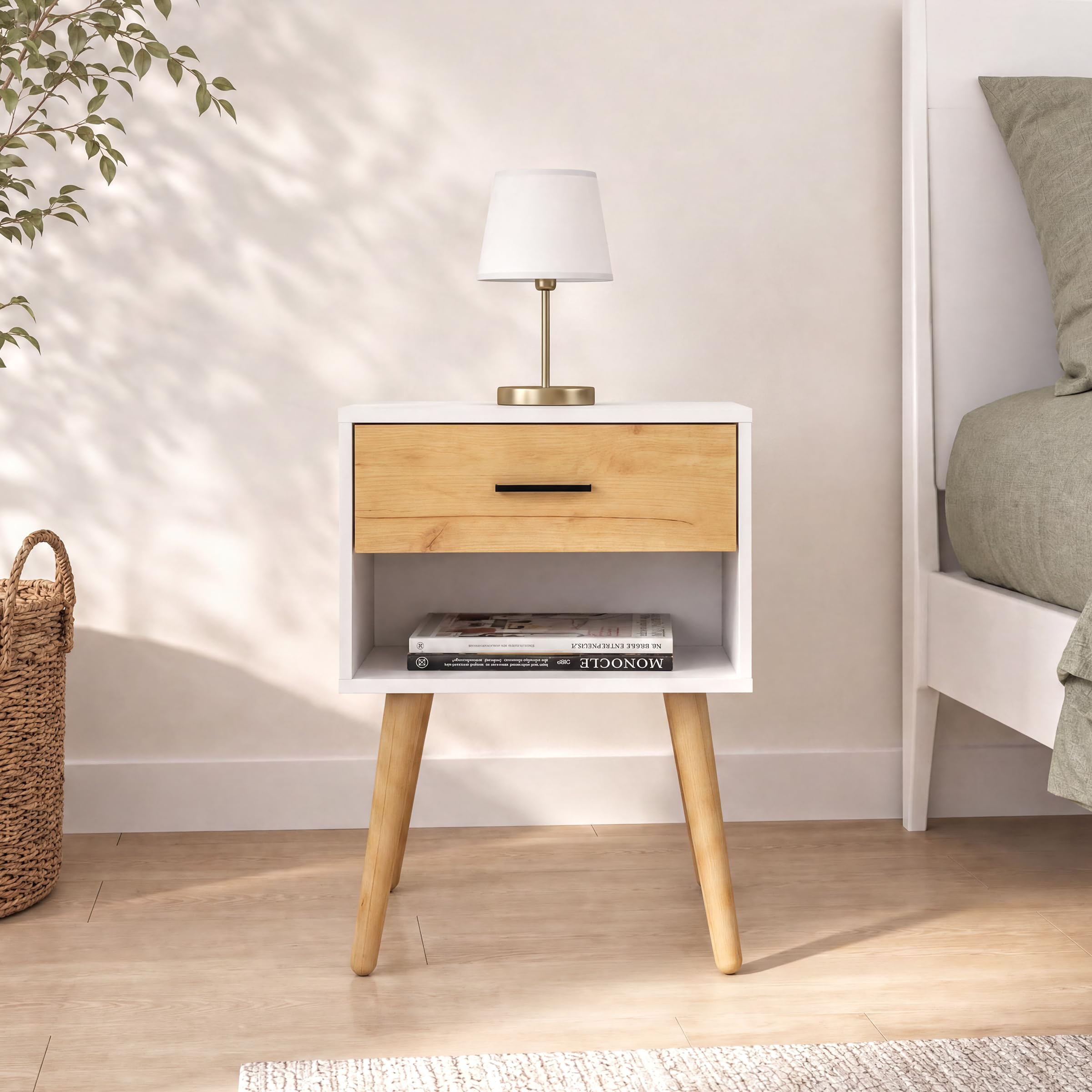 VCM Nachttisch mit Schublade und Ablagefach, 45 x 30 x 70 cm, Beistelltisch im Retro-Design mit Holzfüßen - Singol XL Weiß/Honig-Eiche