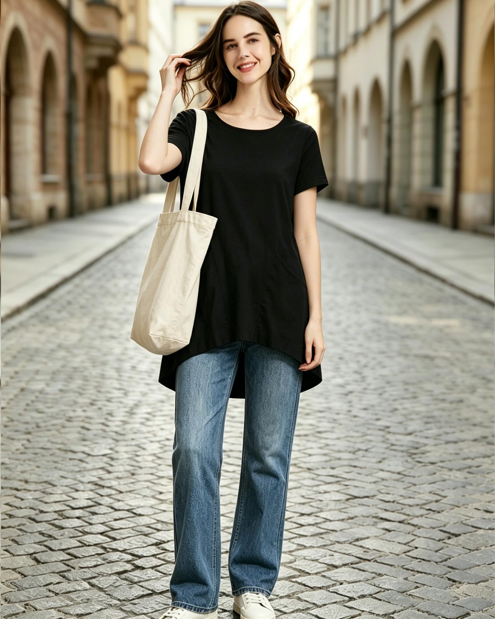 FTCayanz Damen Leinen Tunika Kurzarm Rundhals Sommer Bluse
