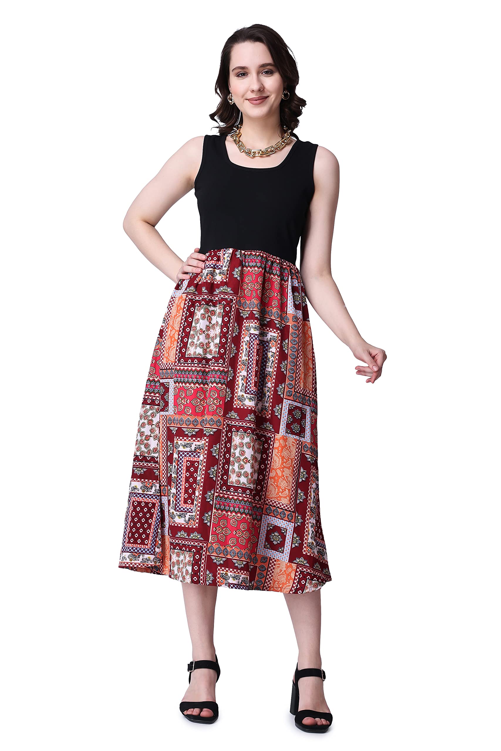 Popwings Casual Boho Printed And Solid Peplum Dress For Women || Summer Dresses For Women || Sleeveless Women Dresses || Round-Neck Knee-Length Fit And Flare Stylish Latest Dresses For Women