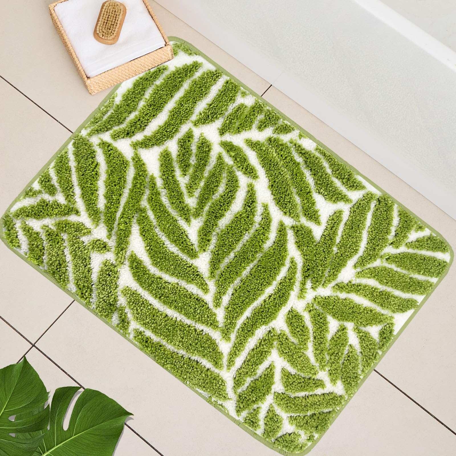 Homantic Grass Green Leaf Bathroom Rugs - Cute Bath Mat, Large Bath Mats Non Slip Machine Washable Funny Bathroom Decor Water Absorbing Bath Rugs
