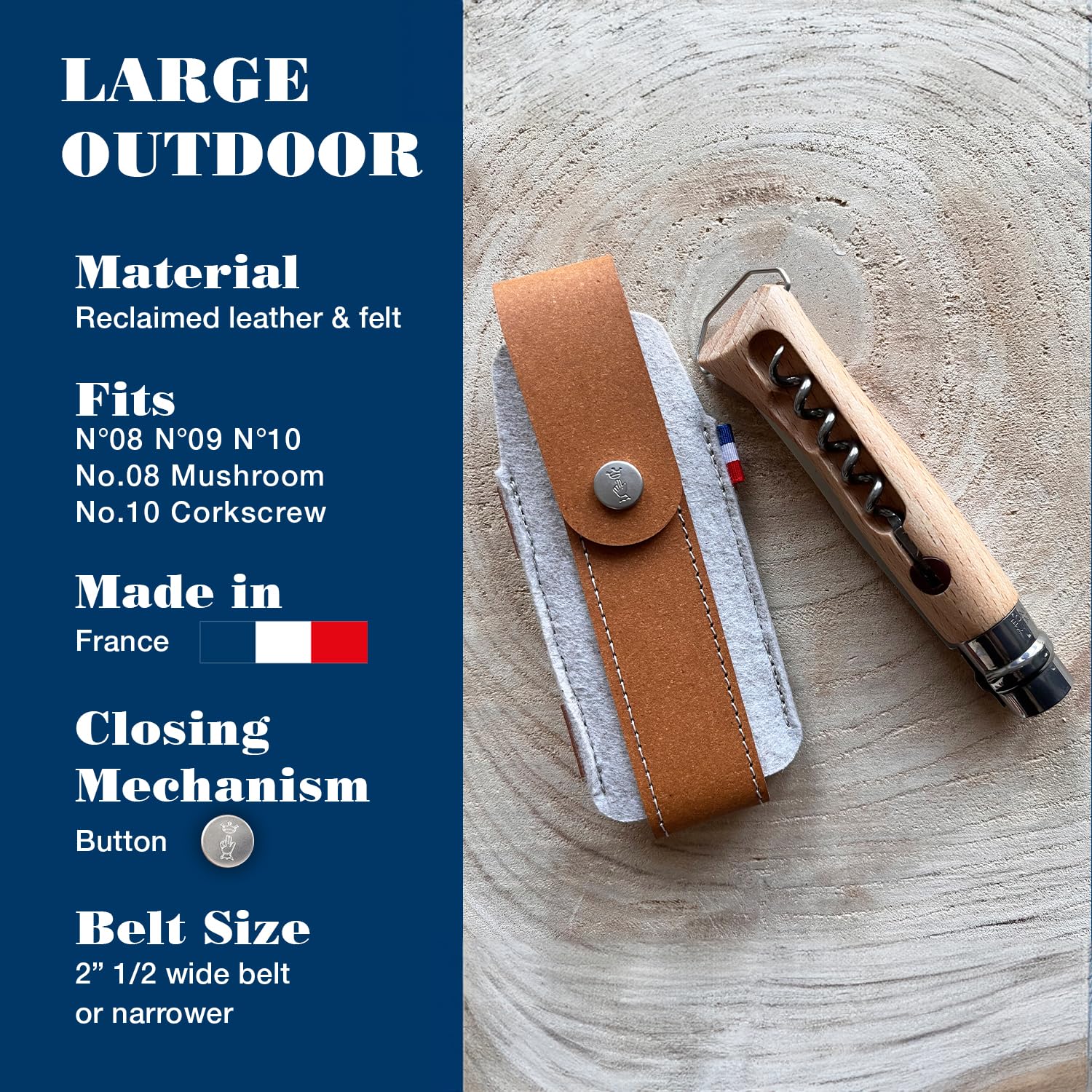 Opinel Custodia per esterni L in pelle riciclata e feltro R-PET – Marrone – Borsa per coltelli sostenibile per Opinel N°09, N°10, coltello a fungo N°08 e N°10 con cavatappi e apribottiglie