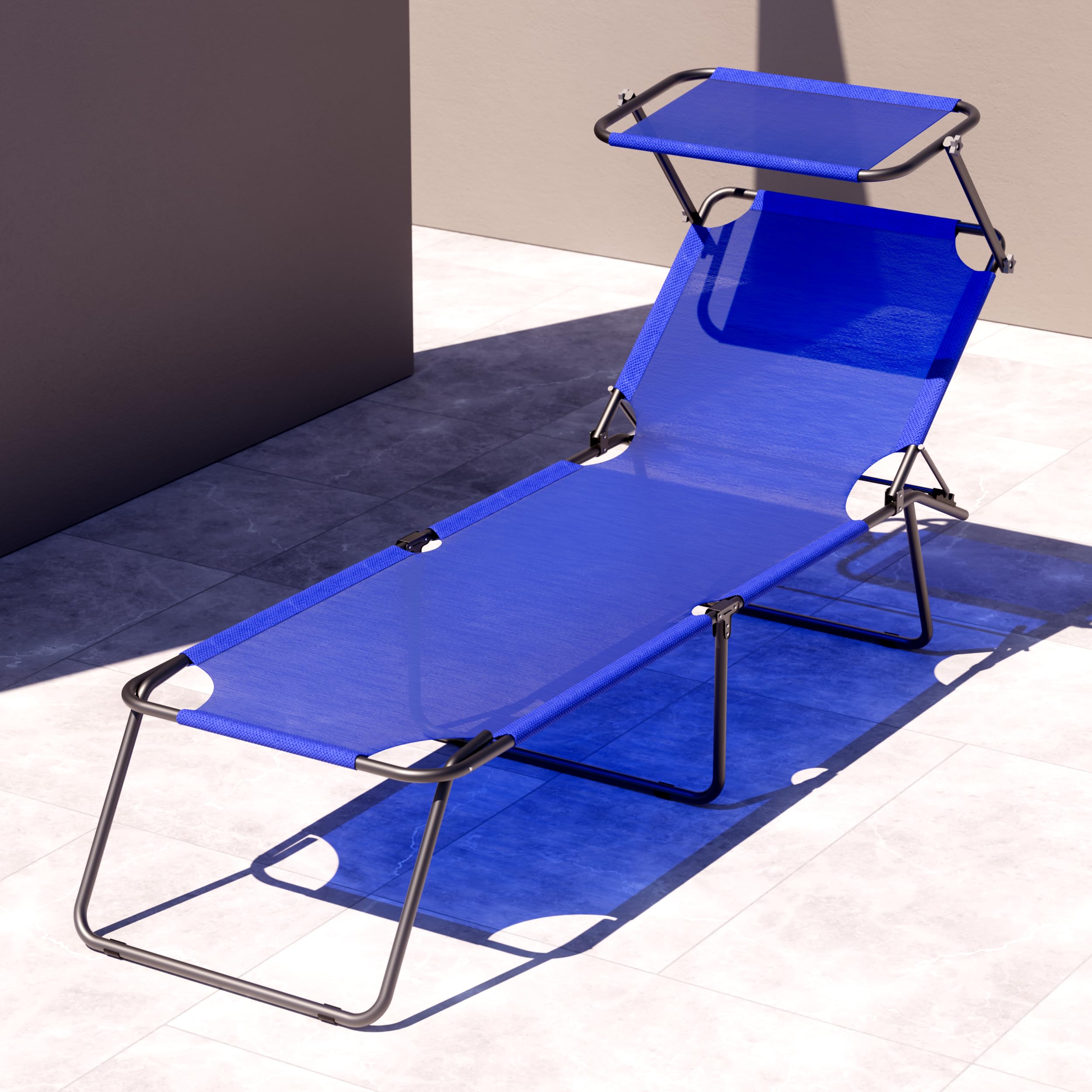Bricozone Lettino Mare Pieghevole con Tettuccio Regolabile Telaio in Acciaio Leggero Schienale Regolabile Telo Traspirante 600D Facile da Trasportare Ideale per Spiaggia Giardino Campeggio Blu