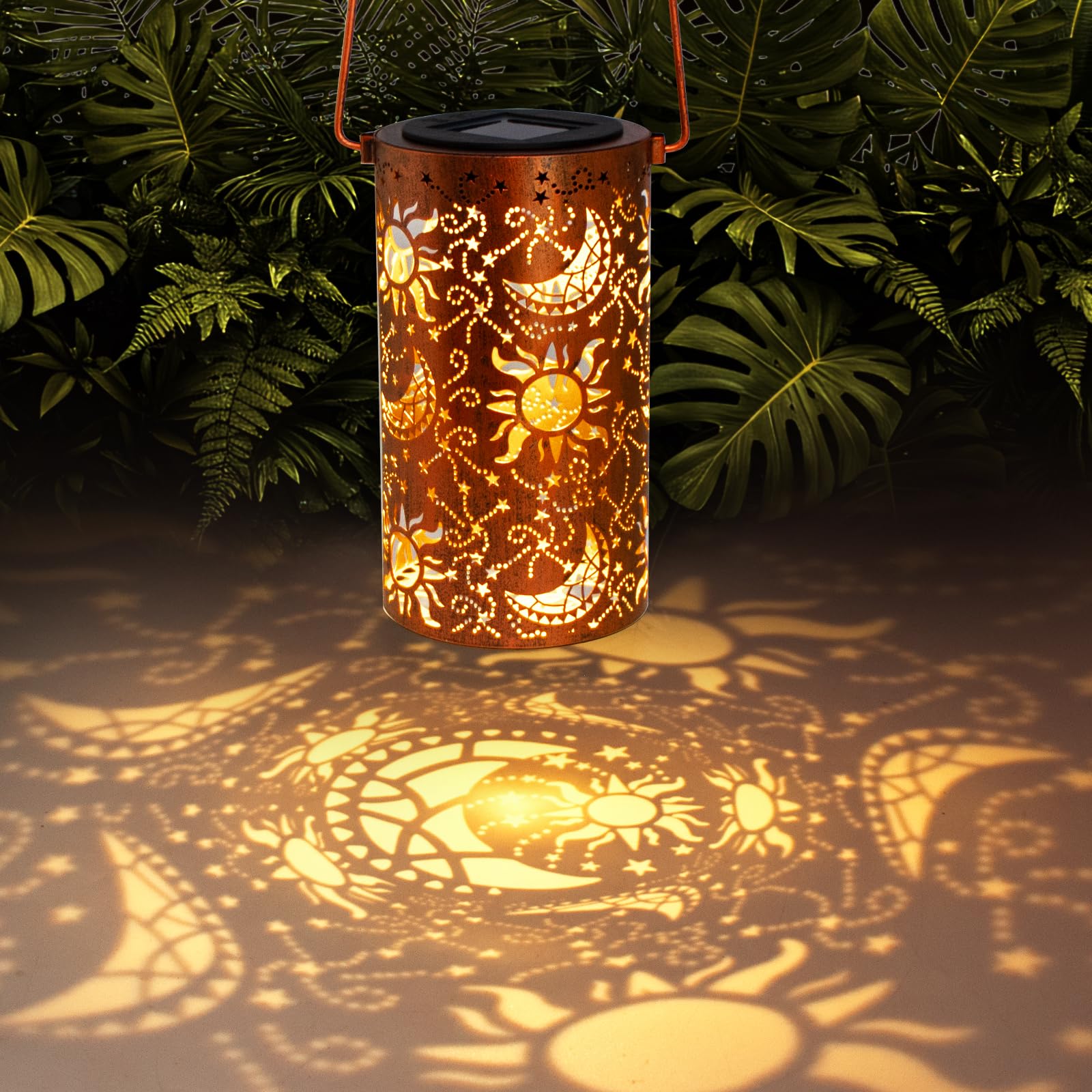 Photo 1 of DIBIEECN Birthday Gifts for Women Mom Grandma Wife, Solar Lanterns Outdoor Waterproof, Metal Hanging Lights Garden Decor, LED Decorative Lantern for Patio Porch Backyard, Sun and Moon, 1 Pack