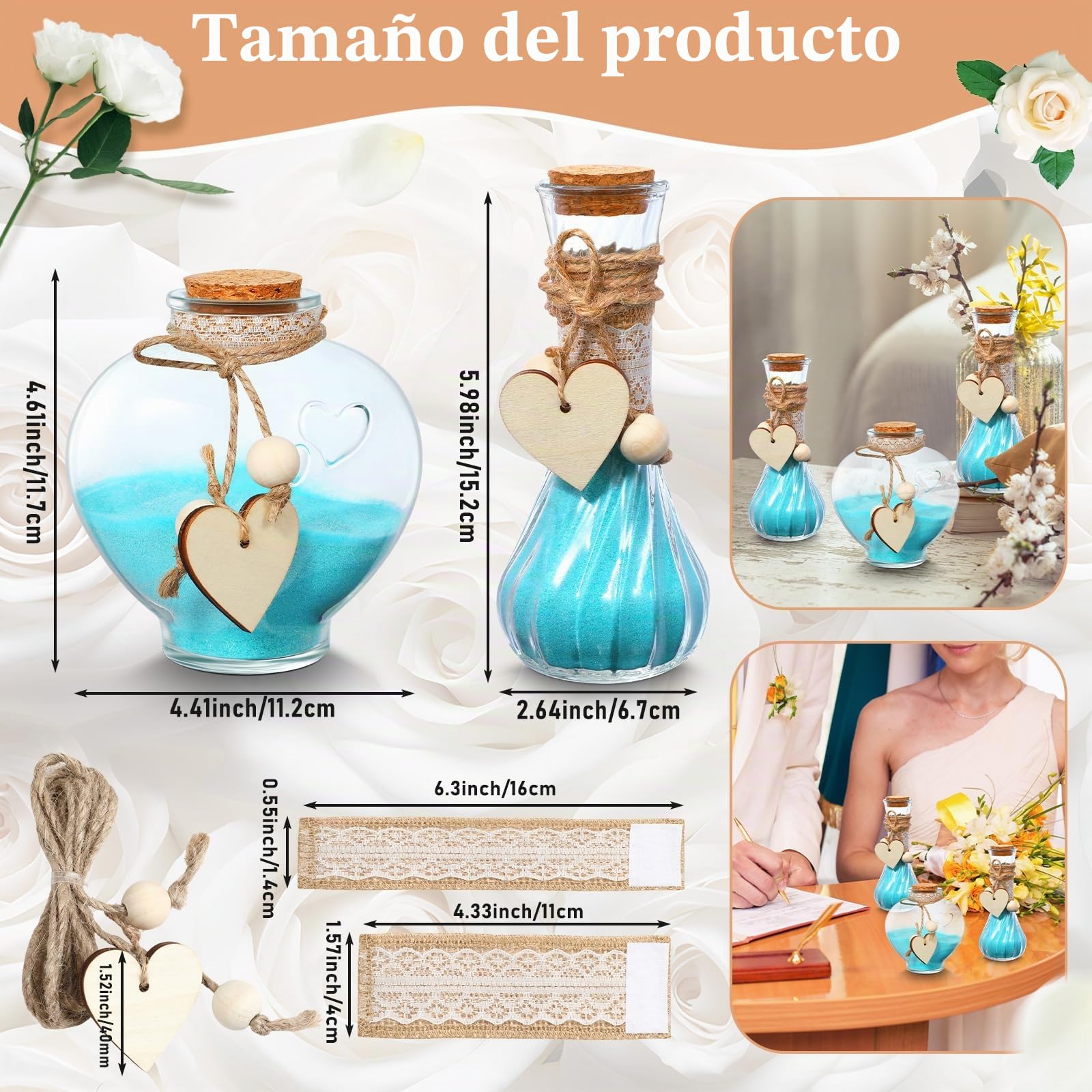 Layhit El juego de ceremonia de arena de Unity incluye 3 jarrones decorativos con mangas de arpillera y encaje y cuerda de cáñamo de madera, kit de ceremonia personalizado para centro de mesa de boda