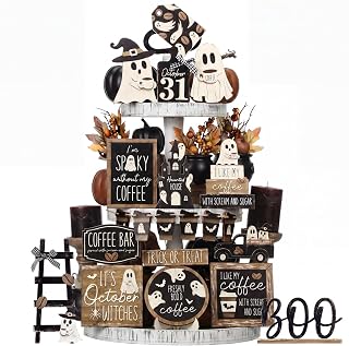 Mifoci 17 Pcs Halloween Ghost Coffee Decor Set, Farmhouse Rustic Wooden Signs for Tiered Display, Kitchen, Coffee Bar, Table, Shelf, Mantel, Spooky Holiday Indoor Home Decorations