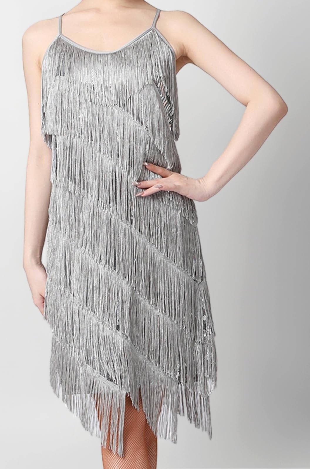 Women's Flapper Dresses 1920S Cha Cha Rumba Fashion Latin Dance Dress 3XL Silver