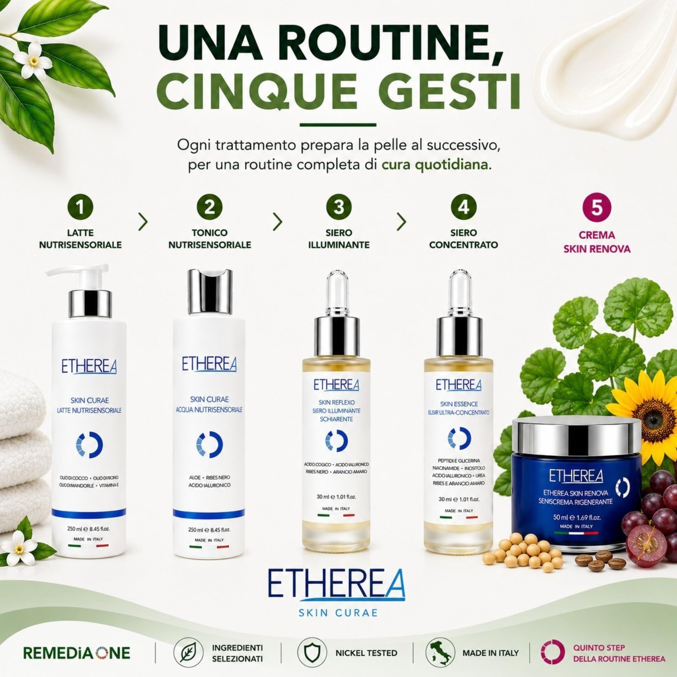 REMEDIA ONE Etherea Crema Viso Antirughe Rigenerante con Peptidi, 50 ml