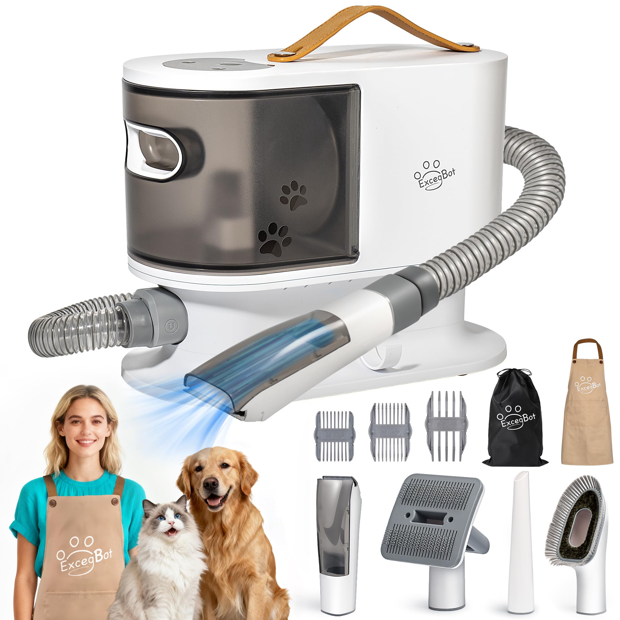 Pet Grooming Vacuum for Dogs & Cats, 12kPa Strong Suction, ≤50dB Quiet, 2L Dust Cup, 5-in-1 Grooming Kit with Ceramic Clippers, 6 Guide Combs, Vacuum for Shedding & Long-Haired Breeds