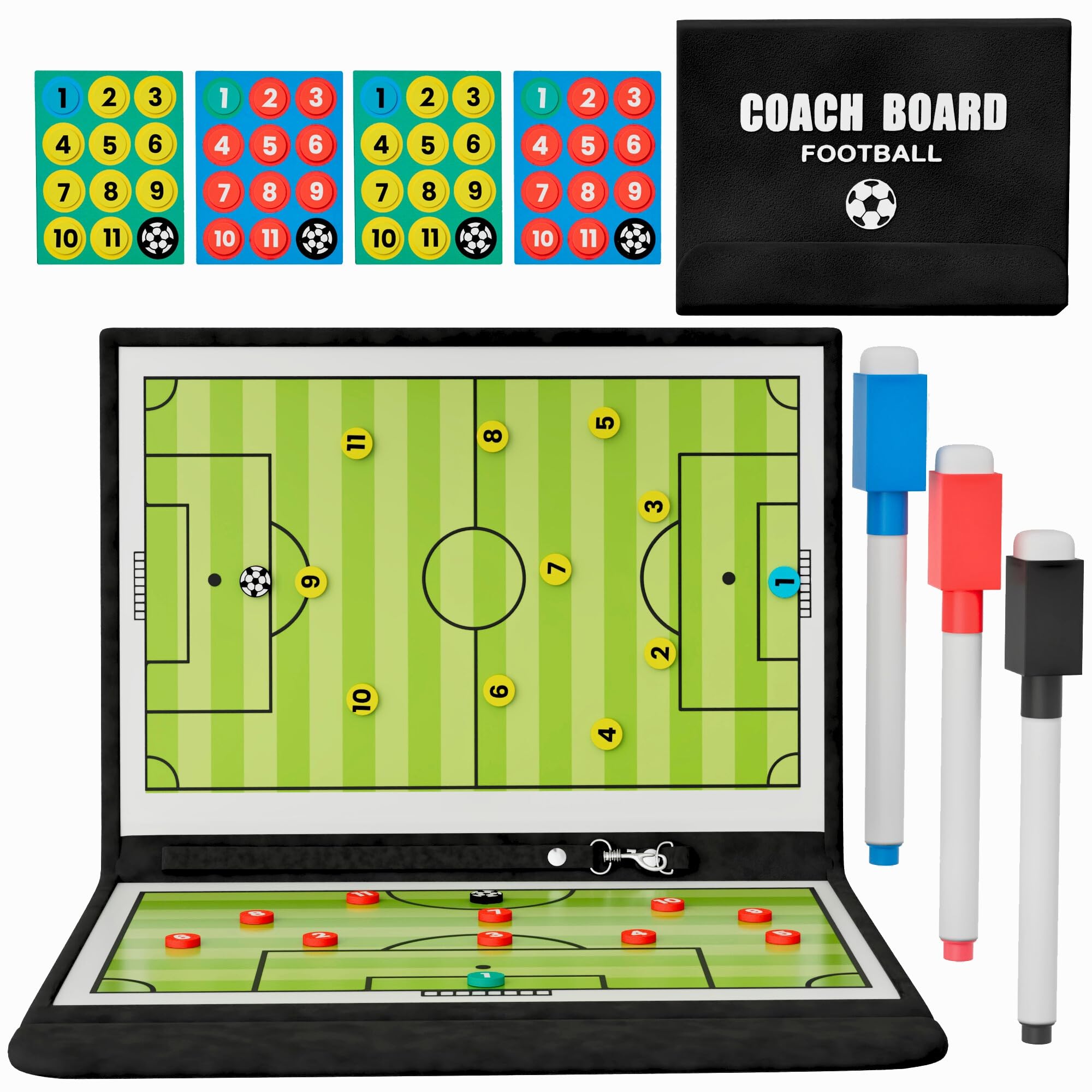 Pizarra Fútbol Entrenador 44 Fichas 3 Rotuladores Negro Azul Rojo Carpeta Entrenamiento