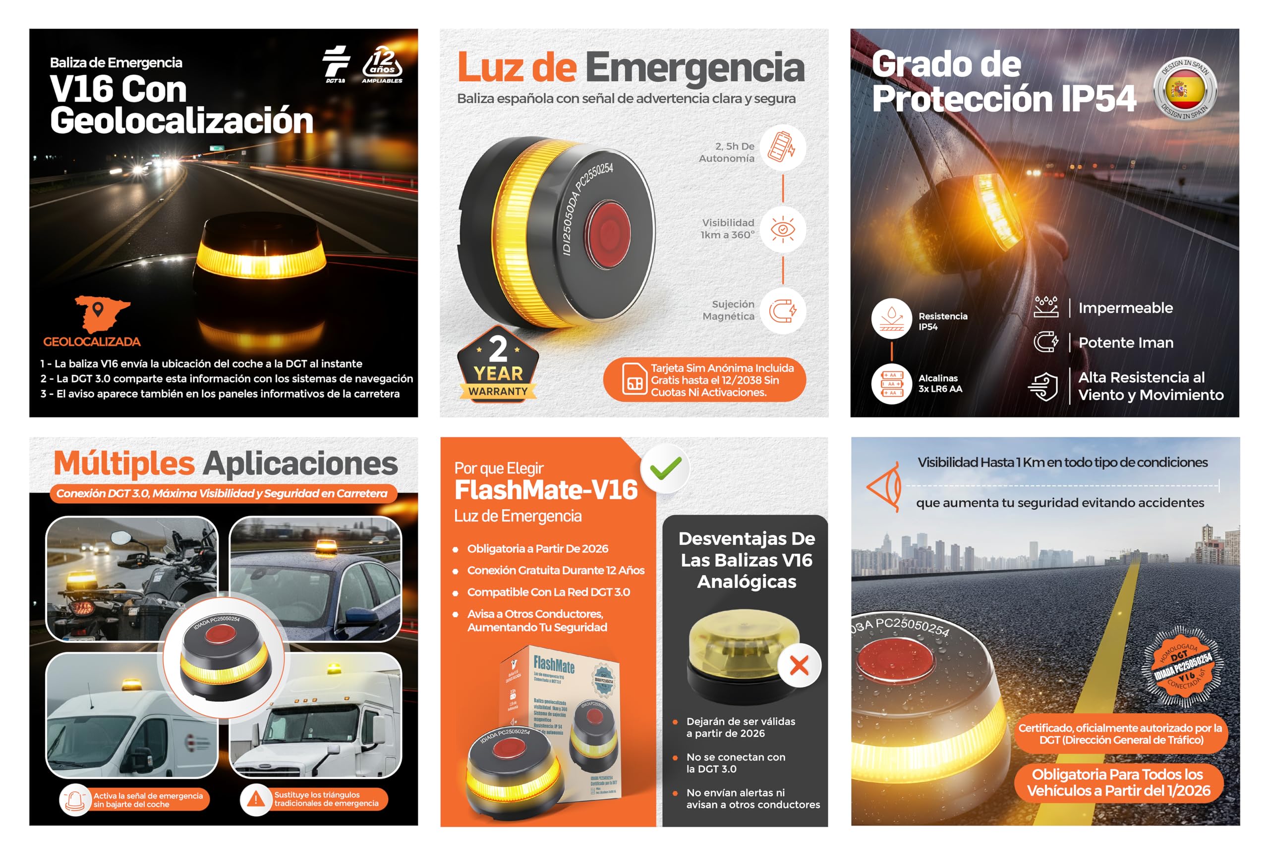 Baliza V16 Homologada DGT con Geolocalizador 3.0 | Luz Emergencia Coche Homologado DGT | V16 Conectada y Geolocalizada con SIM Incluida sin Costes hasta 2038 | Obligatoria desde 2026 Normativa DGT