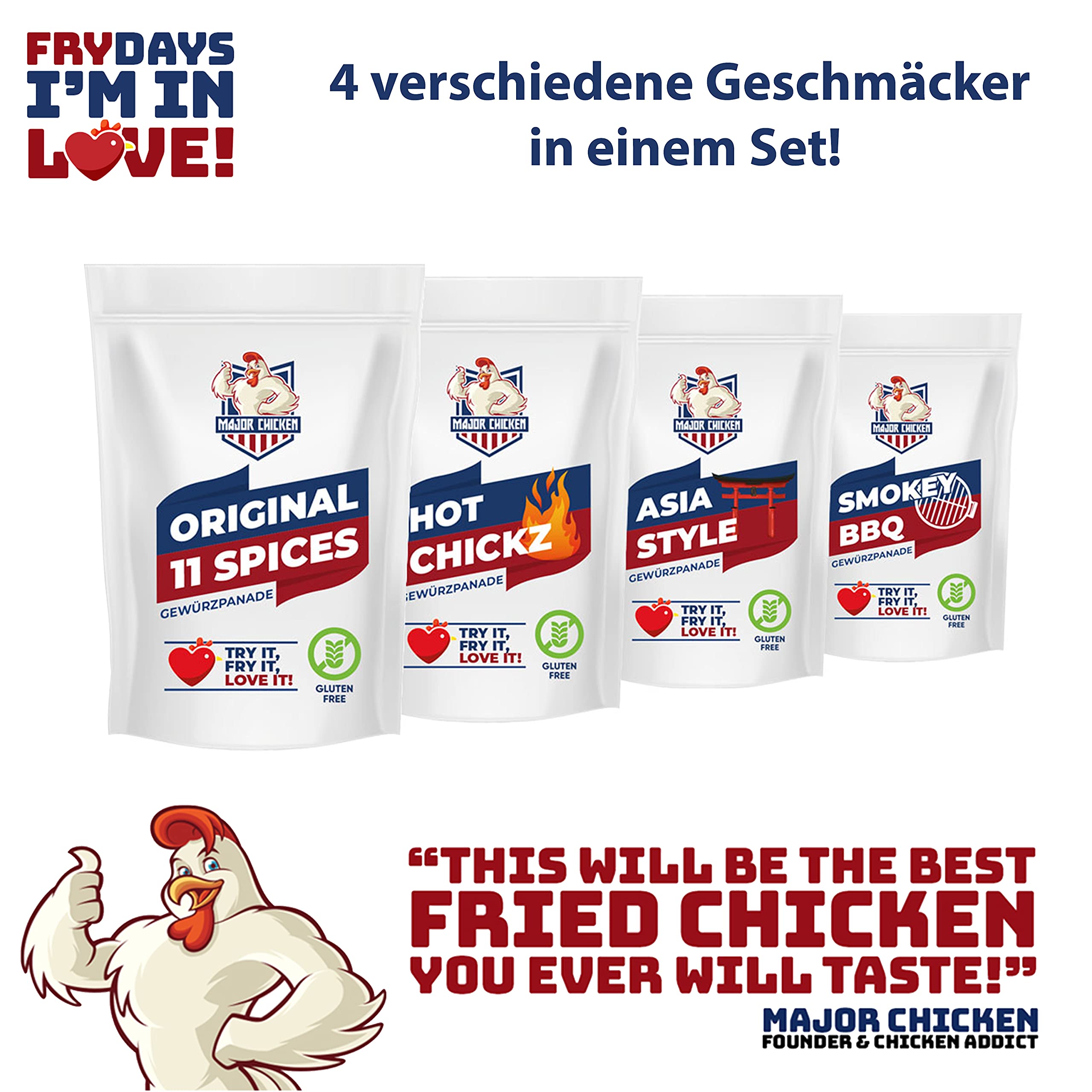 Major-Chicken 4er Probier Mix Set - Chicken Gewürzpanade / Hähnchen Marinade 500g in 4 Geschmäckern - Original, Spicy, Smokey & Asia - Paniermischung für Chicken Wings, Hot Wings uvm