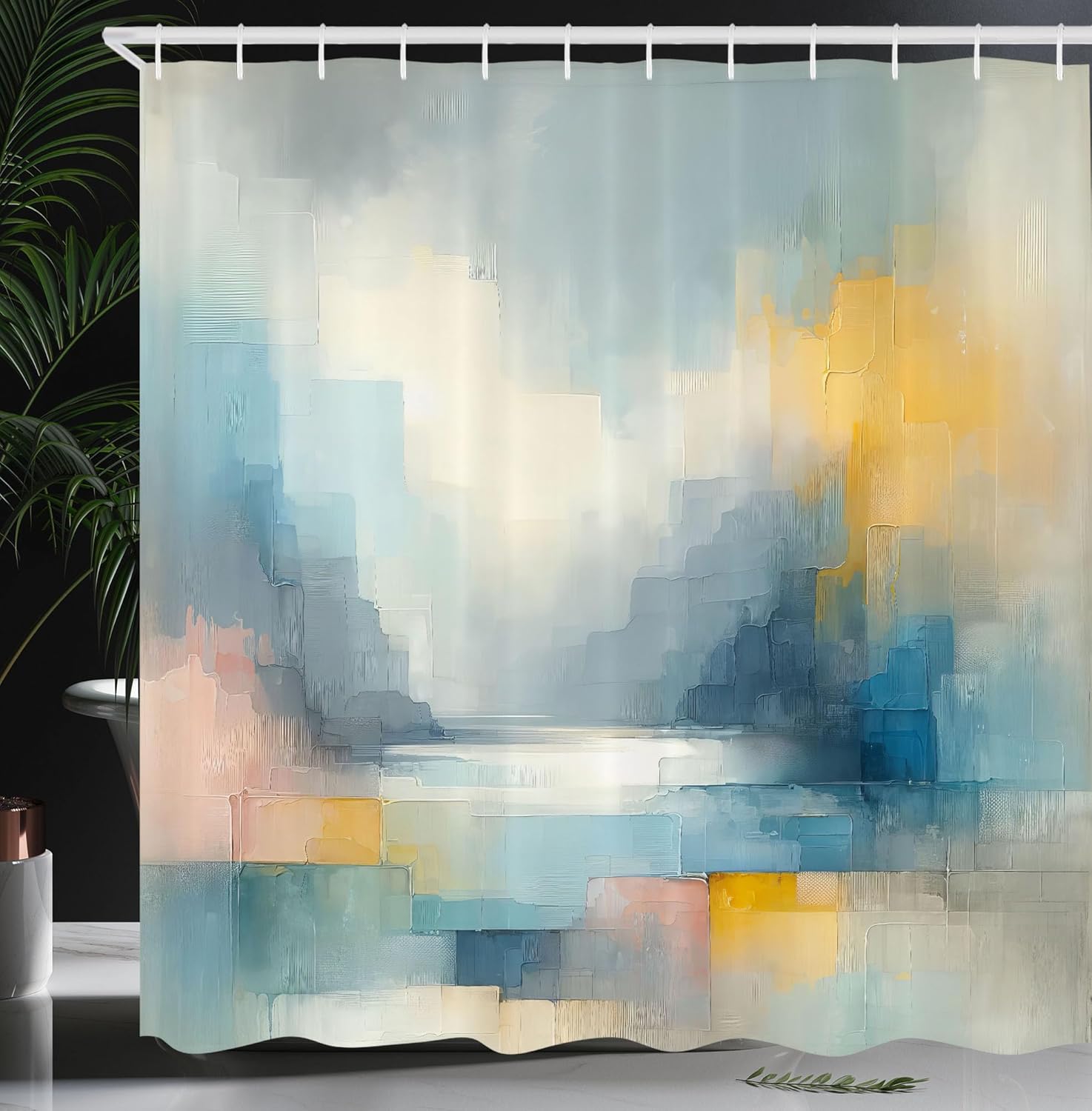 Ambesonne Modern Shower Curtain, Contemporary Art Feel Abstract Strokes Form Landscape Print Faded Effect, Cloth Fabric Bathroom Decor Set with Hooks, 69" W x 84" L, Soft Blue Mustard Rose