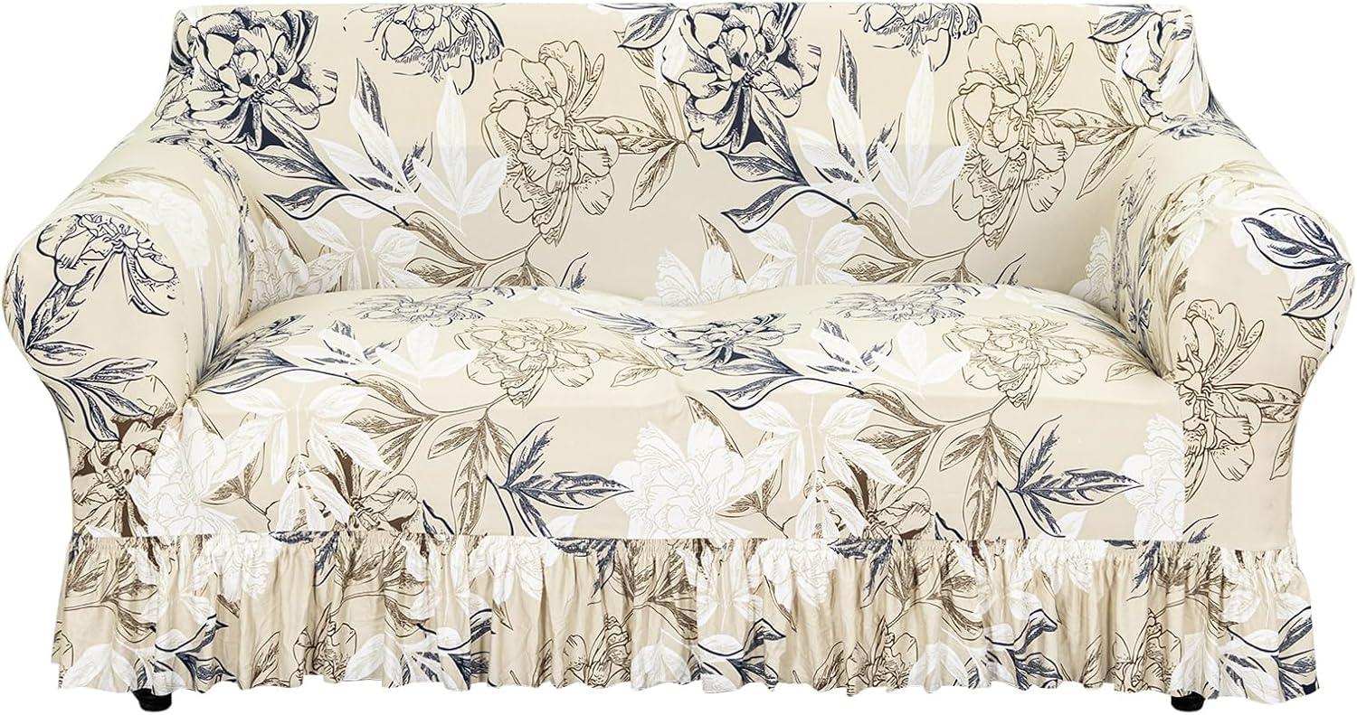 FUANGUI Loveseat Couch Cover Slipcover 1 Piece, Stretch Printed Love Seat Sofa Cover for 2 Cushion Couch with Skirt, Couch Slip Covers Pet Friendly, Washable Furniture Protector (2-Seater, 57"-70")