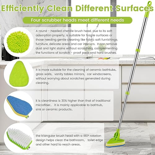 Miniatura 3 de Limpiador de suelo de azulejos 4 en 1 con mango largo ajustable de 52 pulgadas con cepillo de lechada en forma de V y 3 cabezales de cepillo de