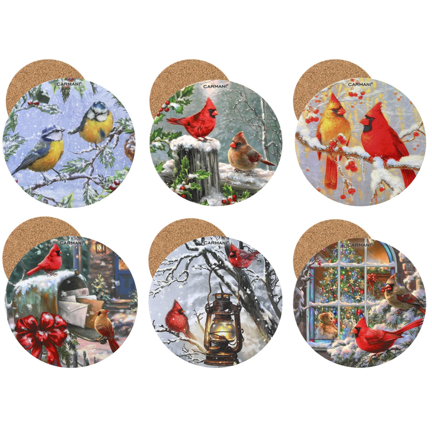 CARMANI - Circular Cork Pad Set of 6 Pieces Cork mat/Coaster Decorated with Christmas Theme Winter Birds, Multicolored - Image 2