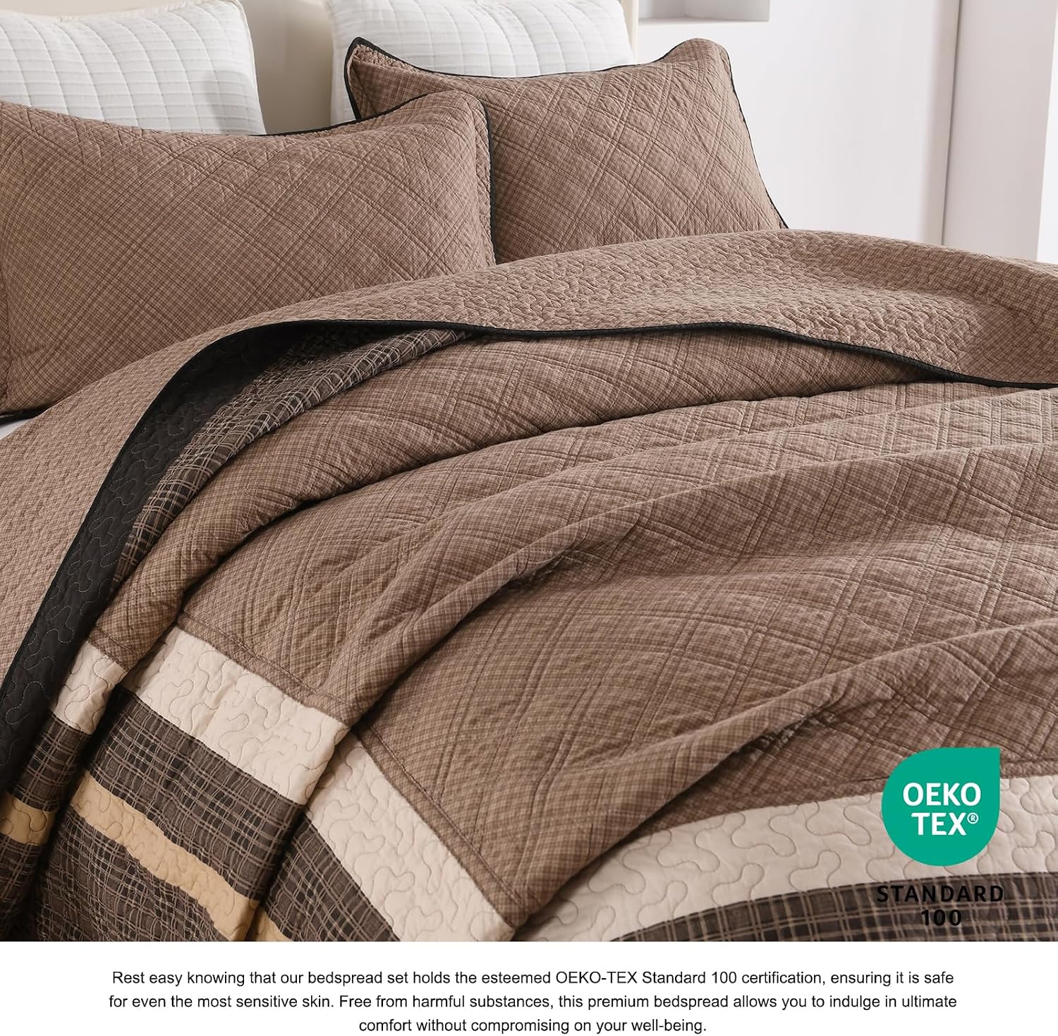 DDUOXIN Oversized King Bedspread - 120W x120L Extra Wide - 100% Cotton California Quilt with 2 Pillow Shams, Lightweight Reversible Bedspreads Coverlet Bedding Set, Dark Brown/Brown/Beige