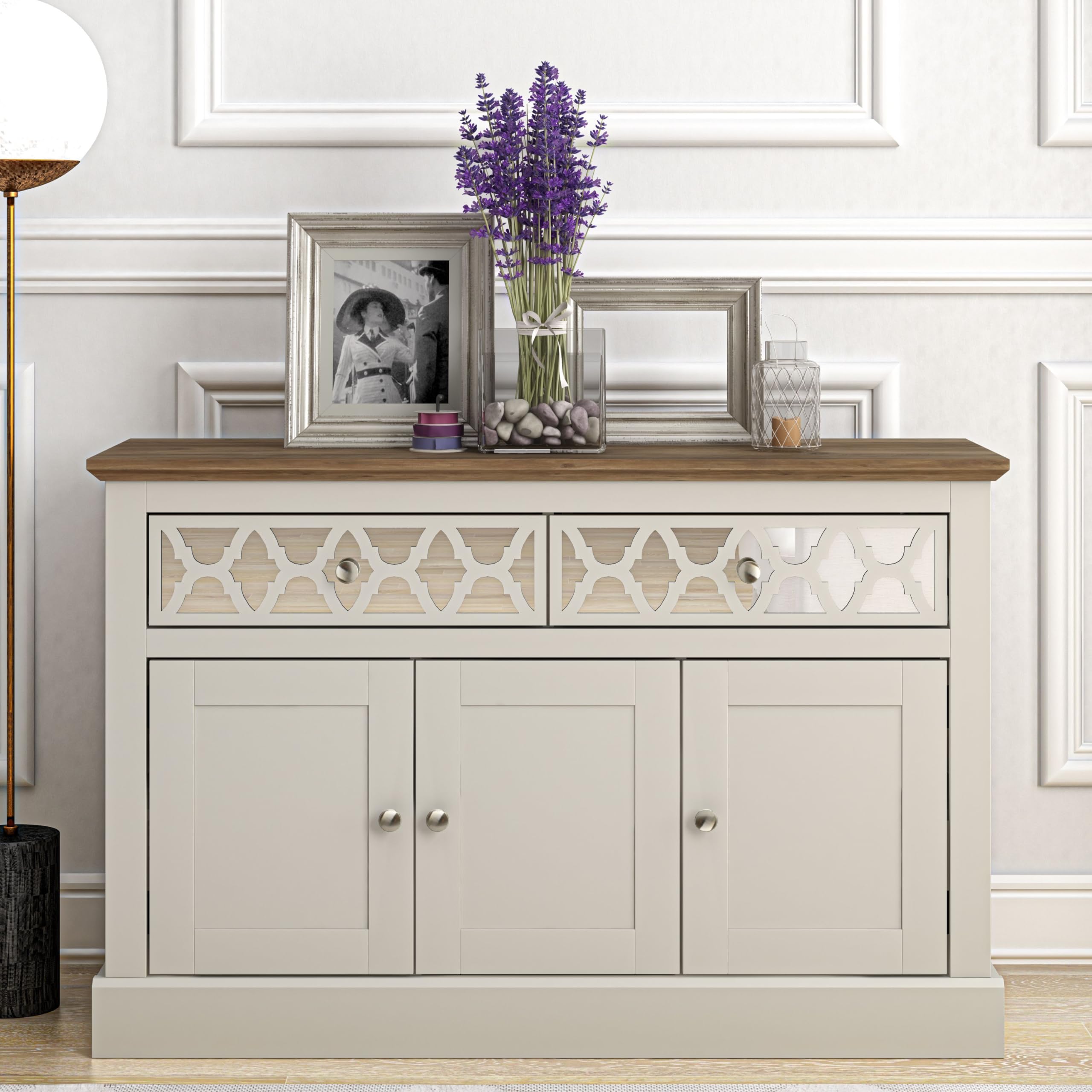 Galano Sufly 3-Door 2-Drawer Sideboard – Storage Cabinet with Drawers and Shelves for Living Room, Bedroom, or Kitchen – Light Grey/Oak Finish