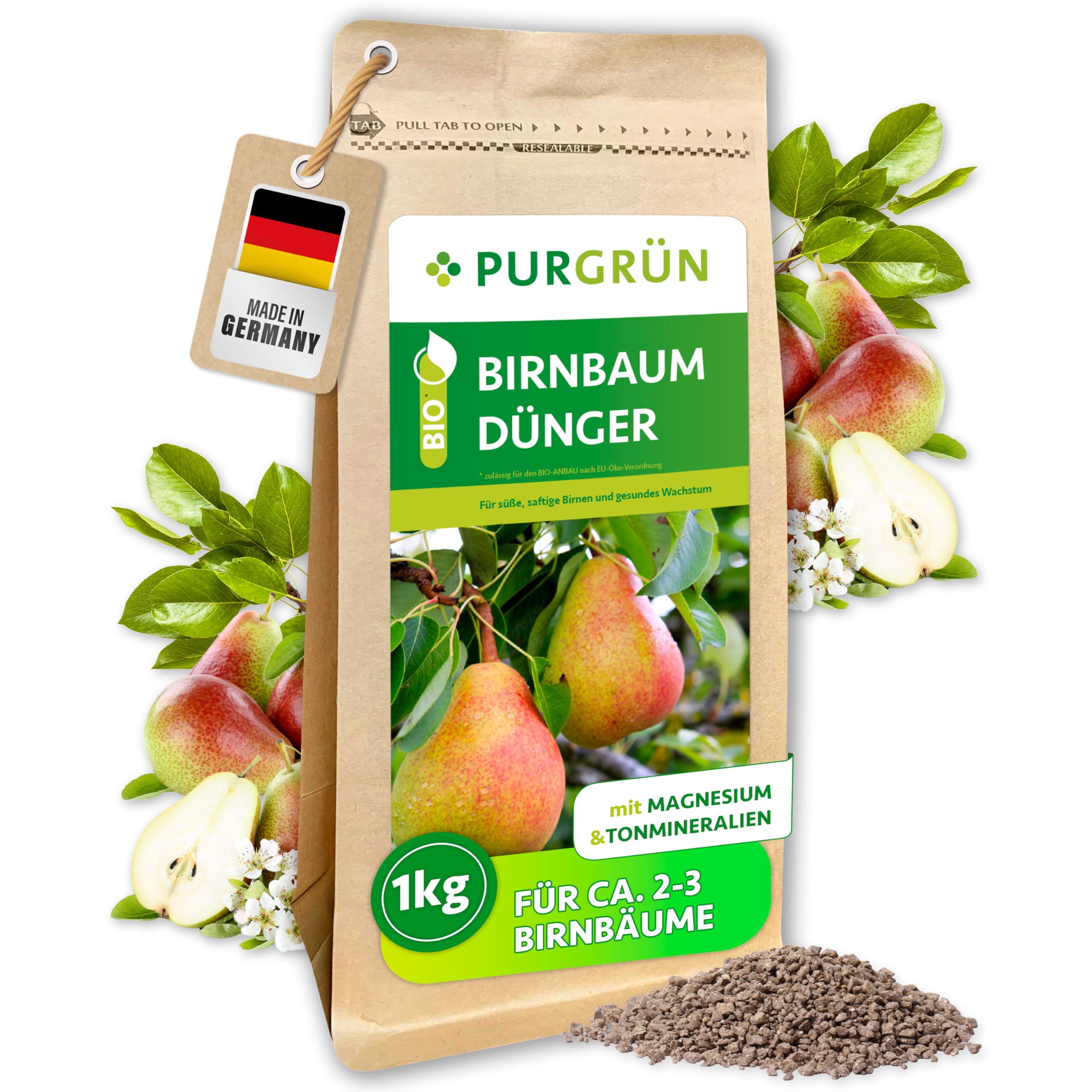 Bio-Birnen-Dünger 1 kg – Organisch-mineralische Rezeptur – Feinkörniges Krümelgranulat – NPK 6+3+8 – Mit Magnesium für saftig süße Birnen – Verbessert die Bodenqualität