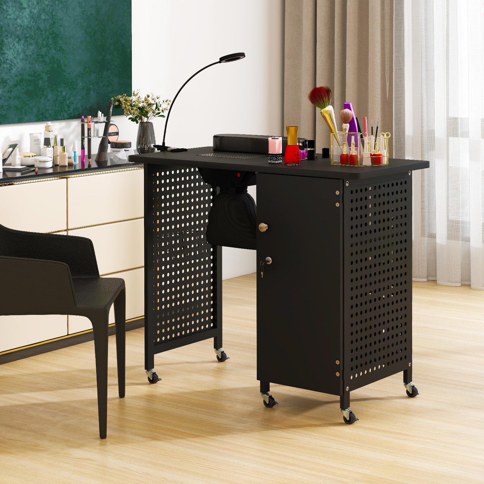 COSTWAY Tavolo Manicure con Aspiratore, Tavolo per Unghie con 6 Ruote Bloccabili, Sacchetti per Polvere, Armadio Chiudibile con 4 Vassoi, Poggiapolsi, Lampada LED e Cestino Metallico, 90x79x45cm