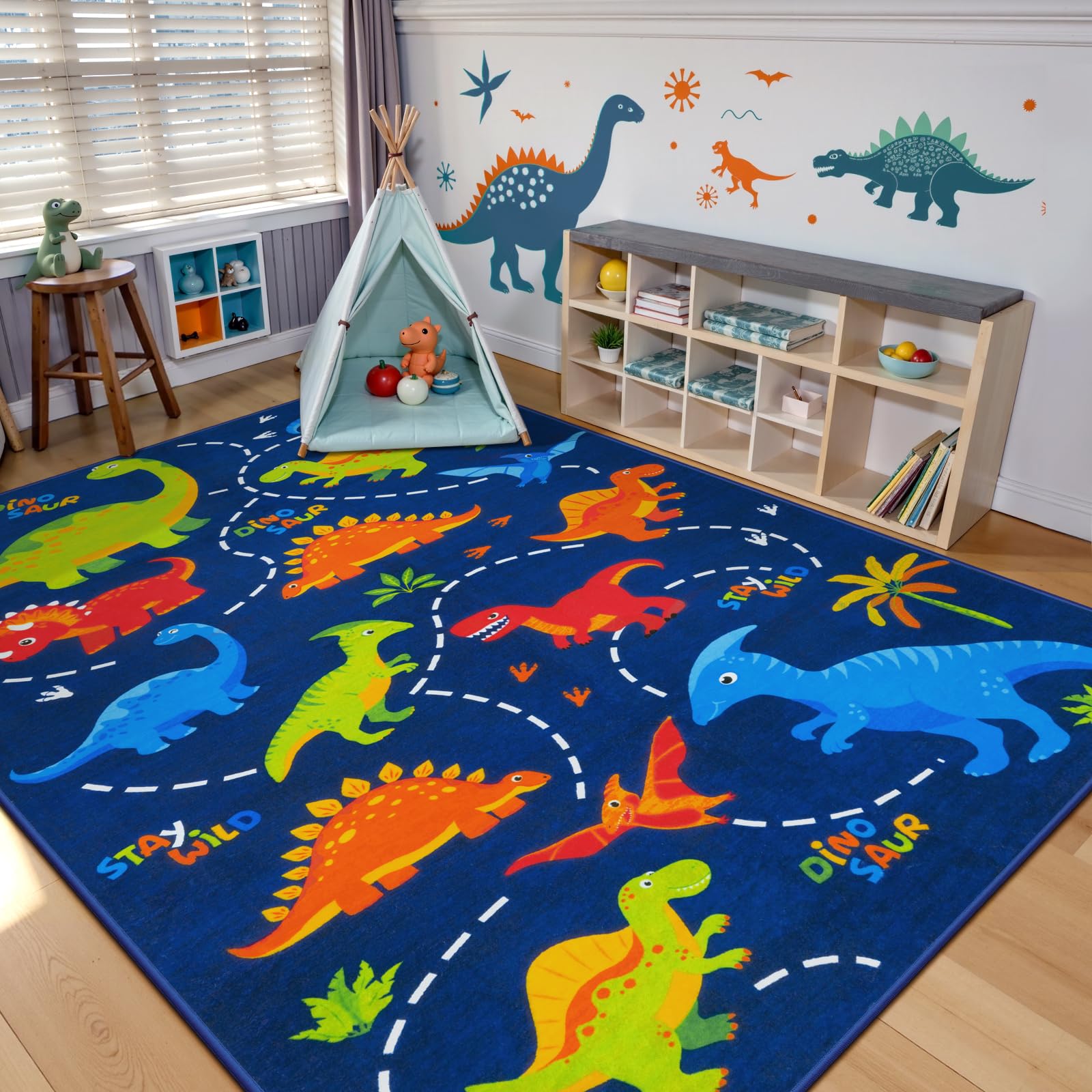 STARUIA Large 5x7 Area Rugs Washable Kids Rug for Bedroom, Soft Bule Cartoon Dinosaur Boys Room Rug, Cute Animal Patterns Nursery Rugs Toddler Carpet for Kids Room Playroom Living Room