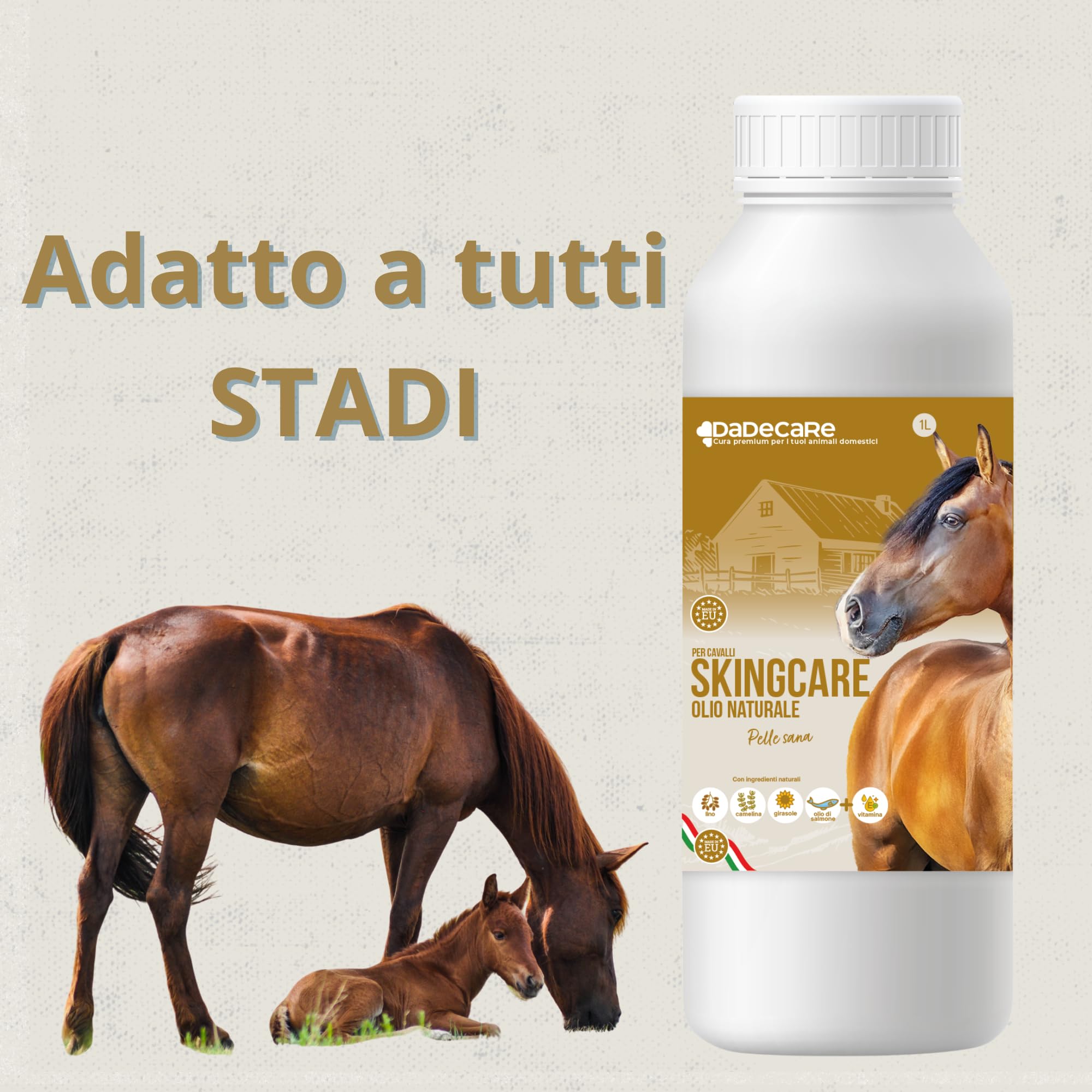 Skingcare - Integratore Dermatologico per Cavalli - 1L | Omega 3 6 9 con semi di Lino, Camelina, Girasole e Salmone: | Supporto Nutrizionale per Pelle Secca e Manto Opaco