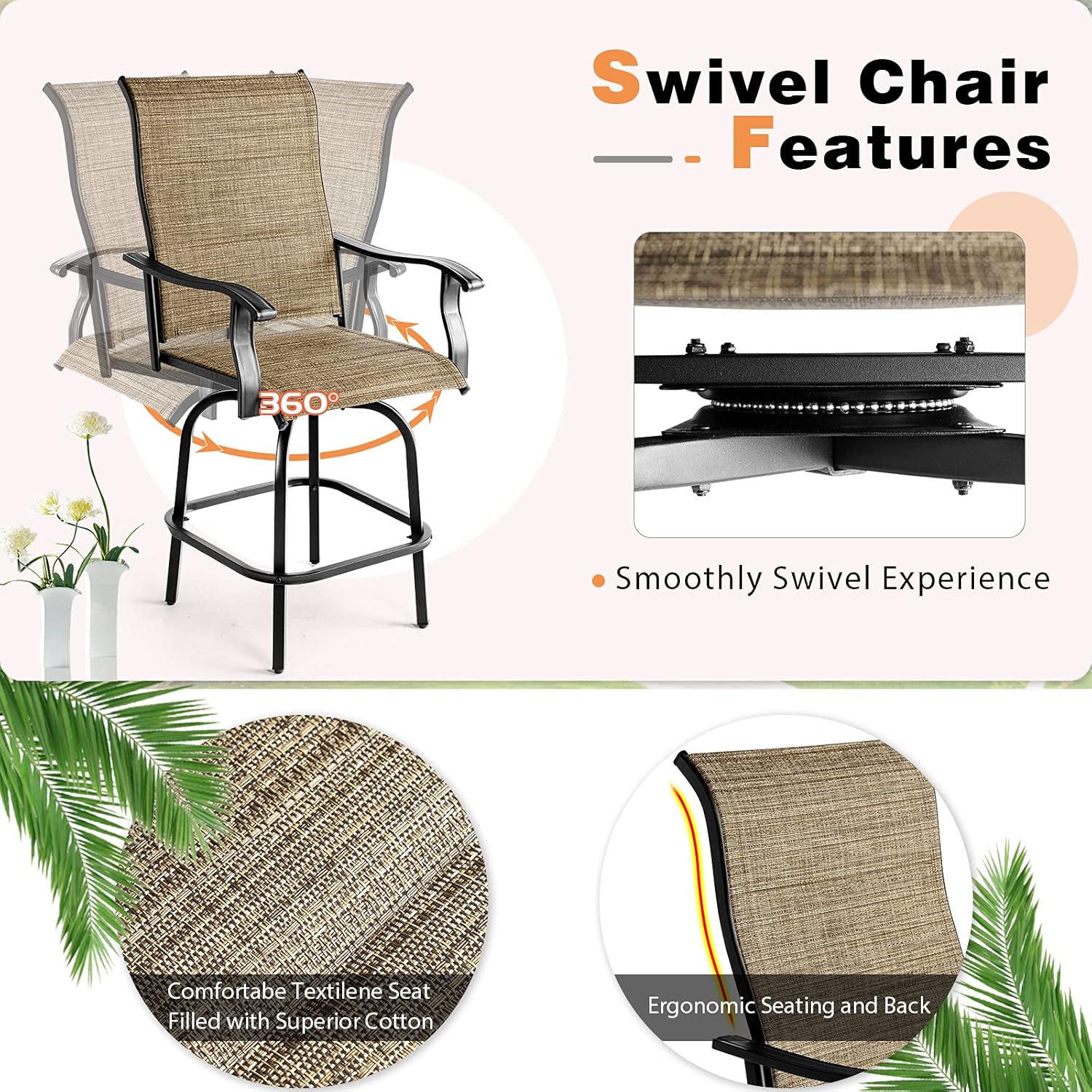 Aoxun Outdoor Patio Bar Sets - Updated Swivel Stools with High Back and Setas with Cotton Foam, 4 Textilene 360° Swivel Chairs with 1 Glassed Top Table, 5 Pieces Outdoor Furniture Set, Brown : Patio, Lawn & Garden